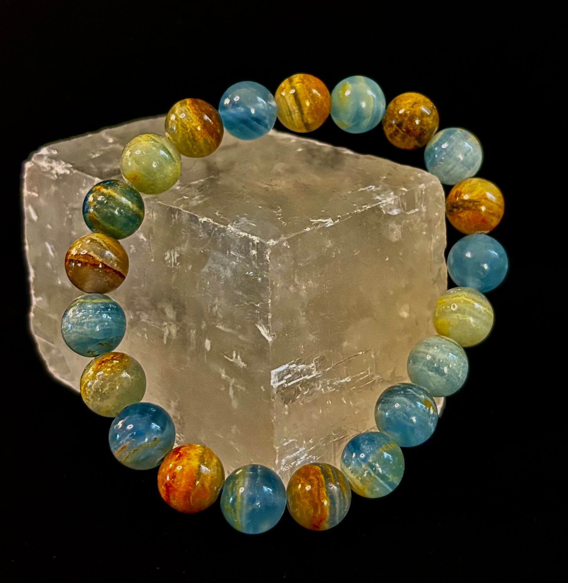Aquatine Lemurian Calcite Bracelet (8mm) – Emotional Healing, Intuition & Inner Peace | Reiki-Infused Crystal Bracelet for Medium Wrists | | Wiccan Center