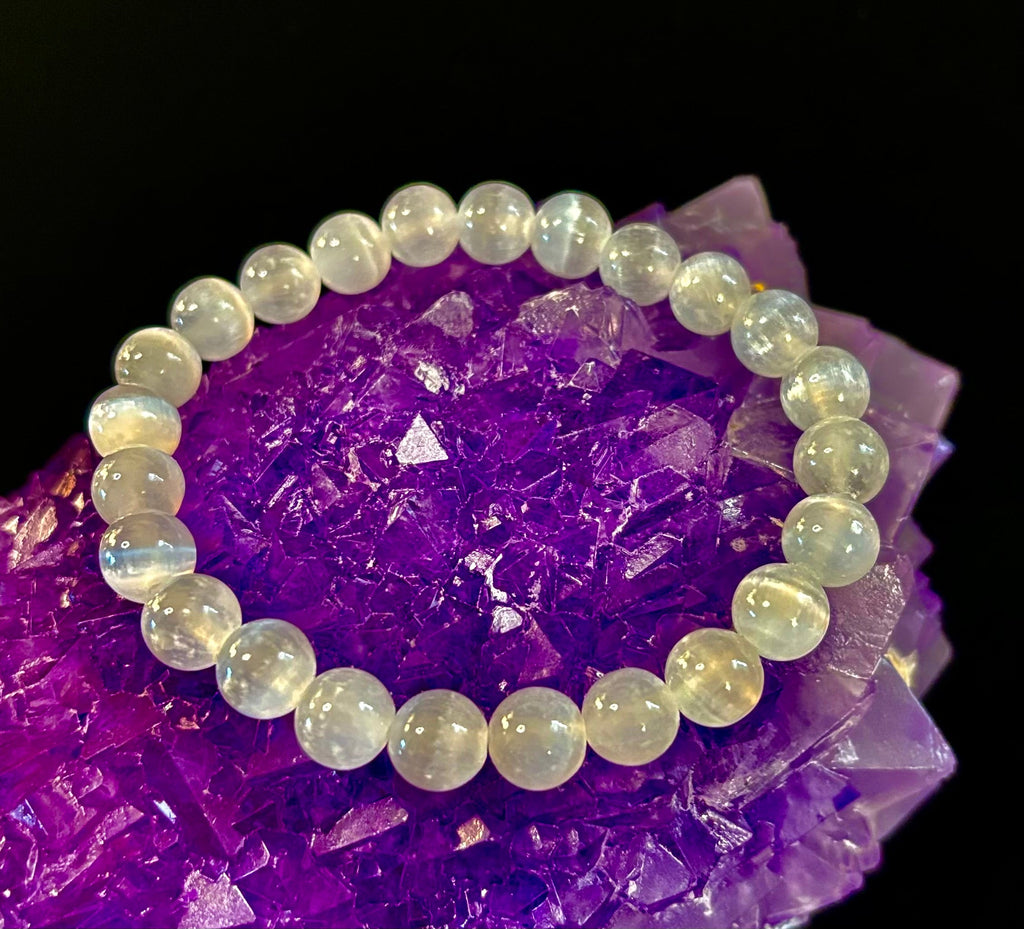 White Cat Eye Stone Bracelet – Reiki-Infused Clarity & Protection Jewelry (Medium–Large Wrist) | | Wiccan Center