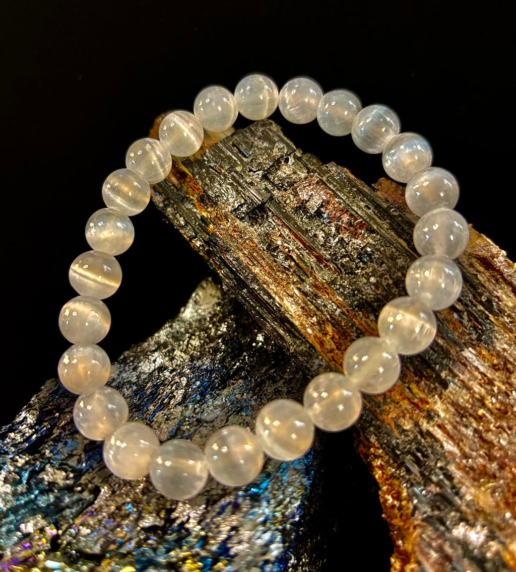 White Cat Eye Stone Bracelet – Reiki-Infused Clarity & Protection Jewelry (Medium–Large Wrist) | | Wiccan Center