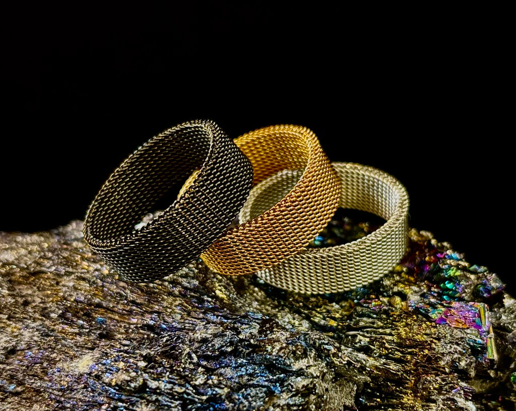 Unisex Stainless Steel Mesh Ring – Flexible, Modern Band in Black, Rose Gold & Silver Tones | | Wiccan Center