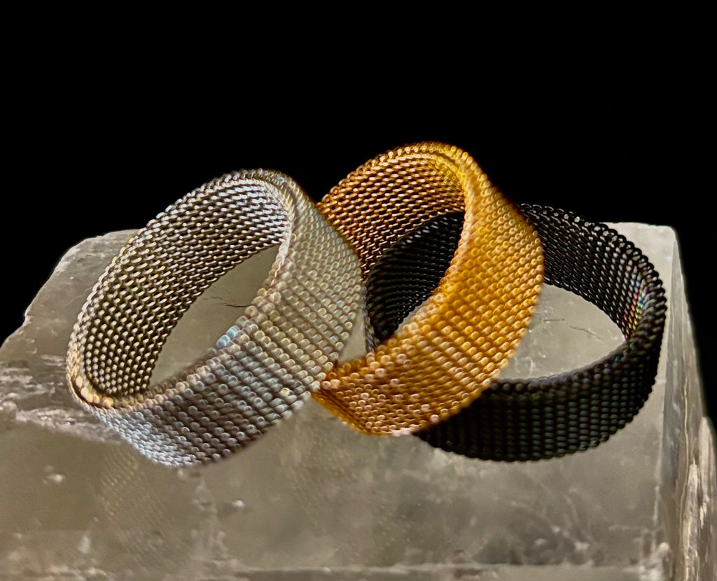 Unisex Stainless Steel Mesh Ring – Flexible, Modern Band in Black, Rose Gold & Silver Tones | | Wiccan Center