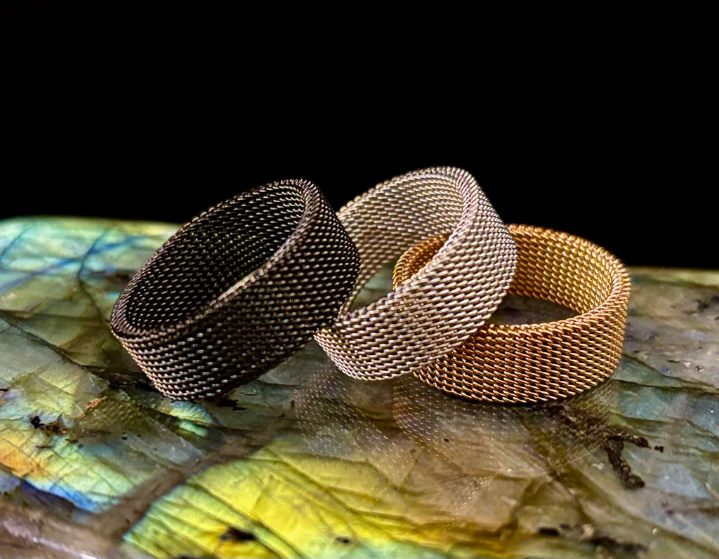 Unisex Stainless Steel Mesh Ring – Flexible, Modern Band in Black, Rose Gold & Silver Tones | | Wiccan Center