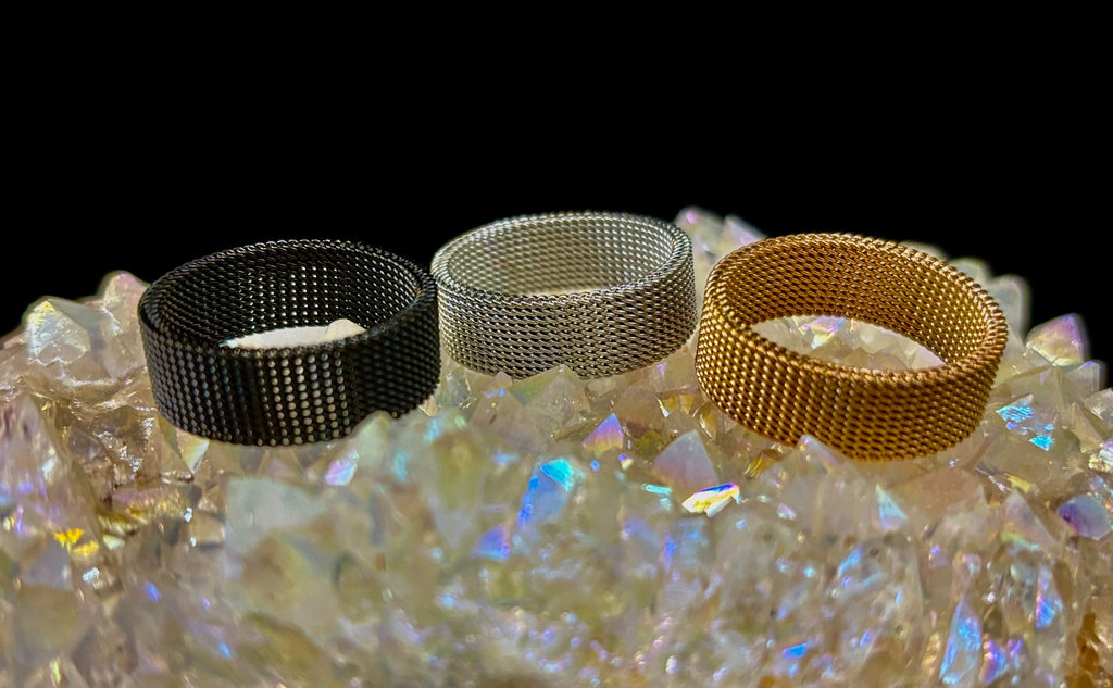 Unisex Stainless Steel Mesh Ring – Flexible, Modern Band in Black, Rose Gold & Silver Tones | | Wiccan Center