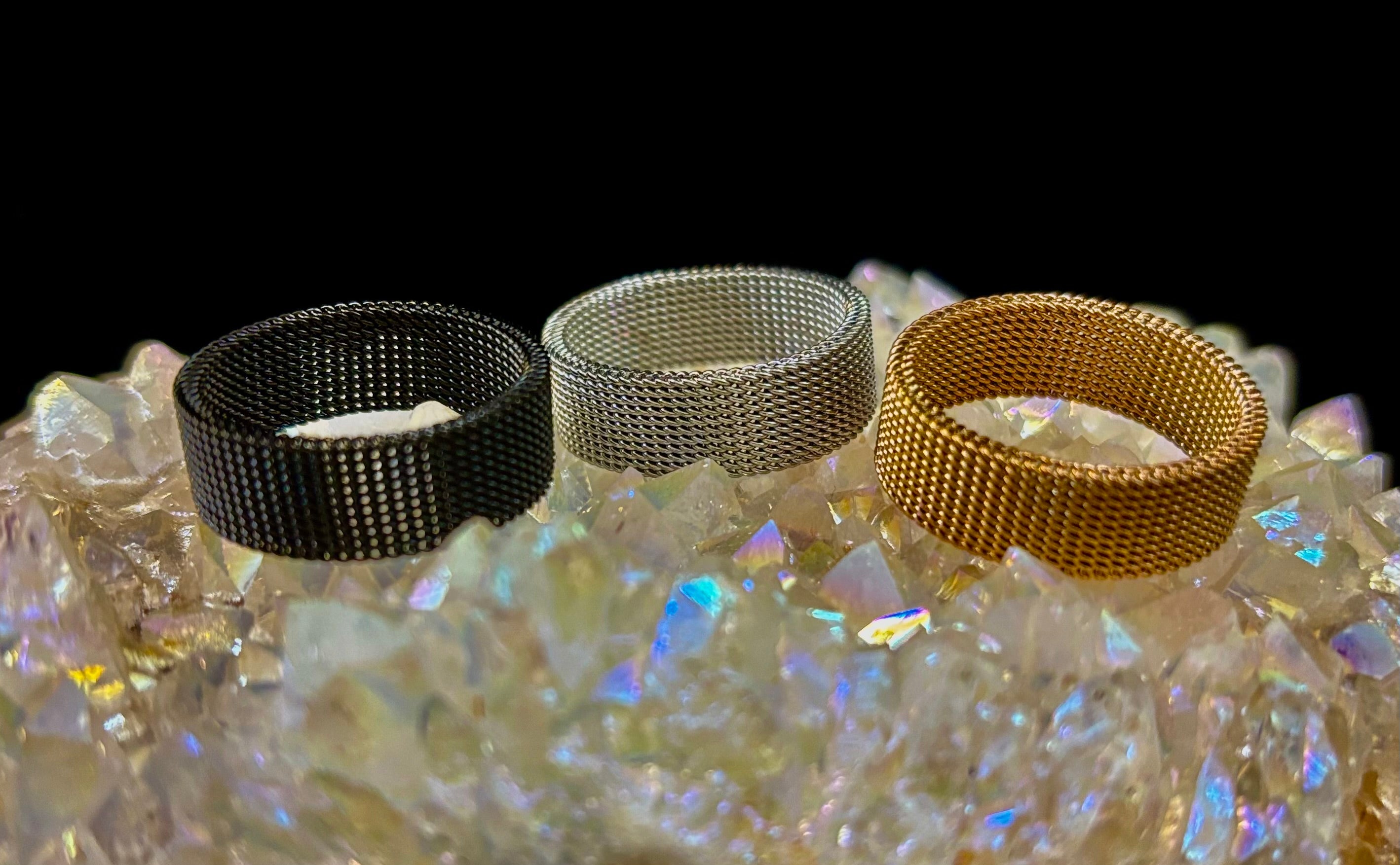 Unisex Stainless Steel Mesh Ring – Flexible, Modern Band in Black, Rose Gold & Silver Tones | | Wiccan Center