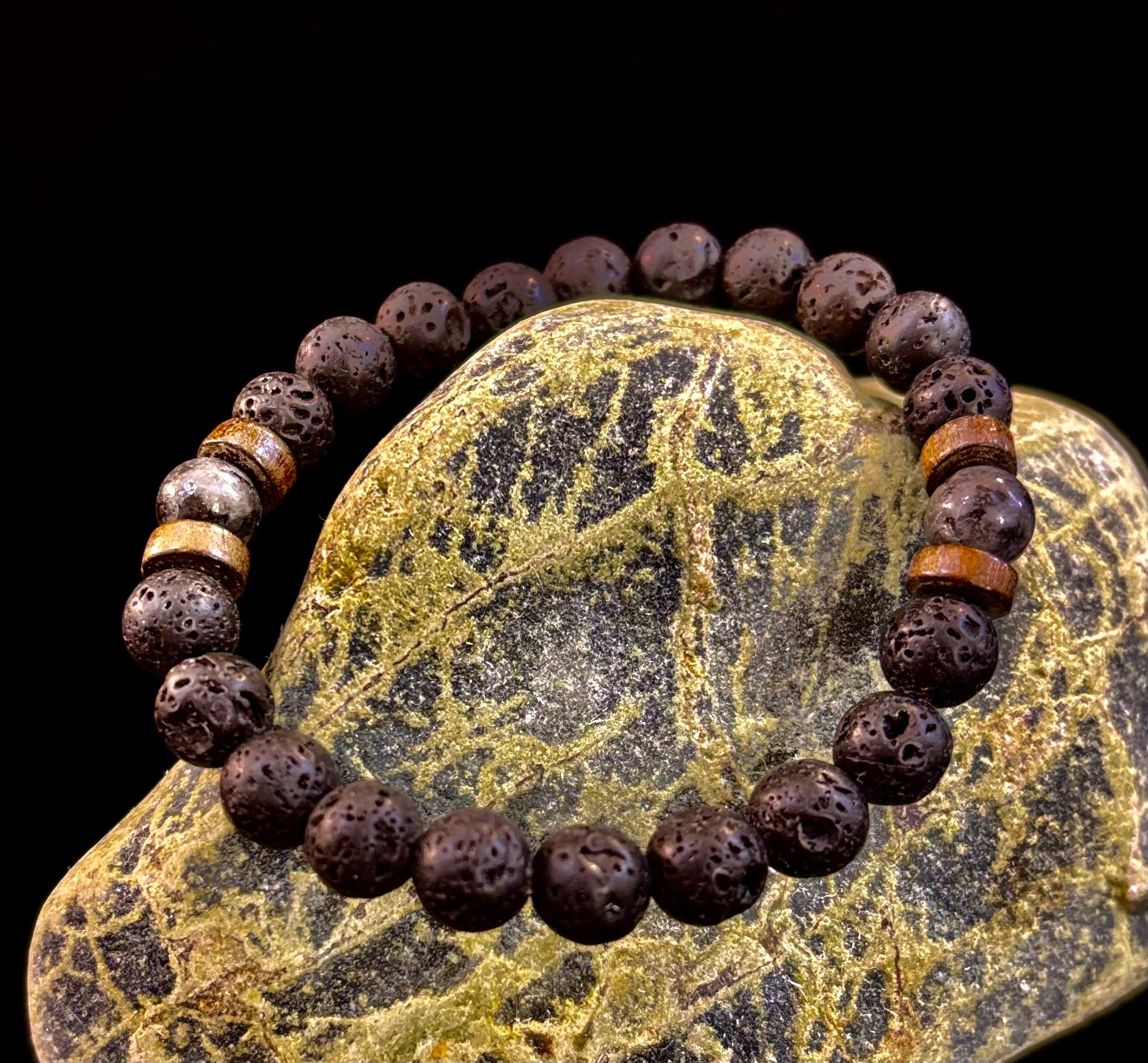 Men’s Lava Rock & Black Stone Bracelet – Natural Blue, Gray or Brown Accent Stones | Medium–Large Wrist | | Wiccan Center