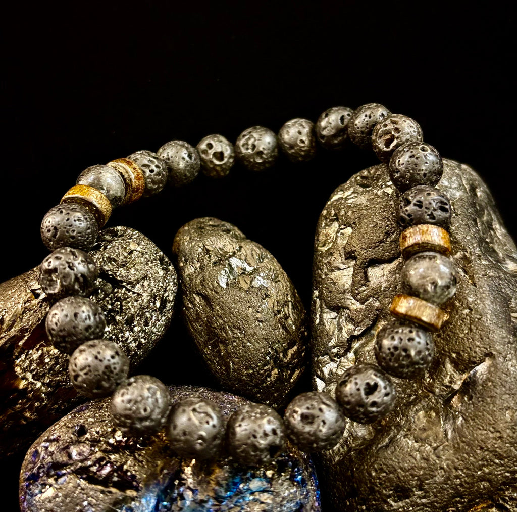 Men’s Lava Rock & Black Stone Bracelet – Natural Blue, Gray or Brown Accent Stones | Medium–Large Wrist | | Wiccan Center