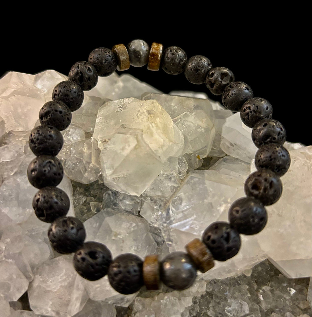 Men’s Lava Rock & Black Stone Bracelet – Natural Blue, Gray or Brown Accent Stones | Medium–Large Wrist | | Wiccan Center