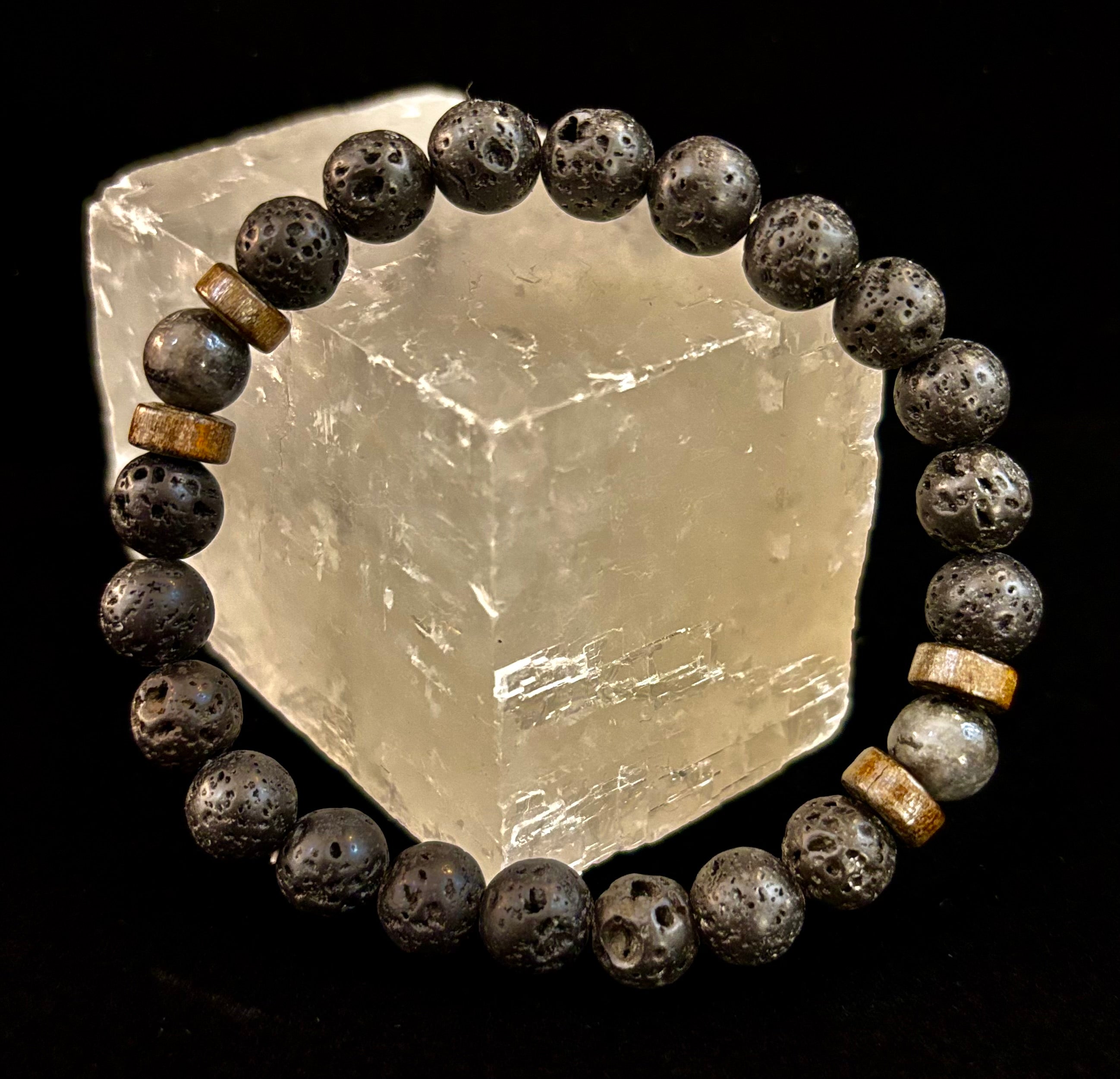 Men’s Lava Rock & Black Stone Bracelet – Natural Blue, Gray or Brown Accent Stones | Medium–Large Wrist | | Wiccan Center