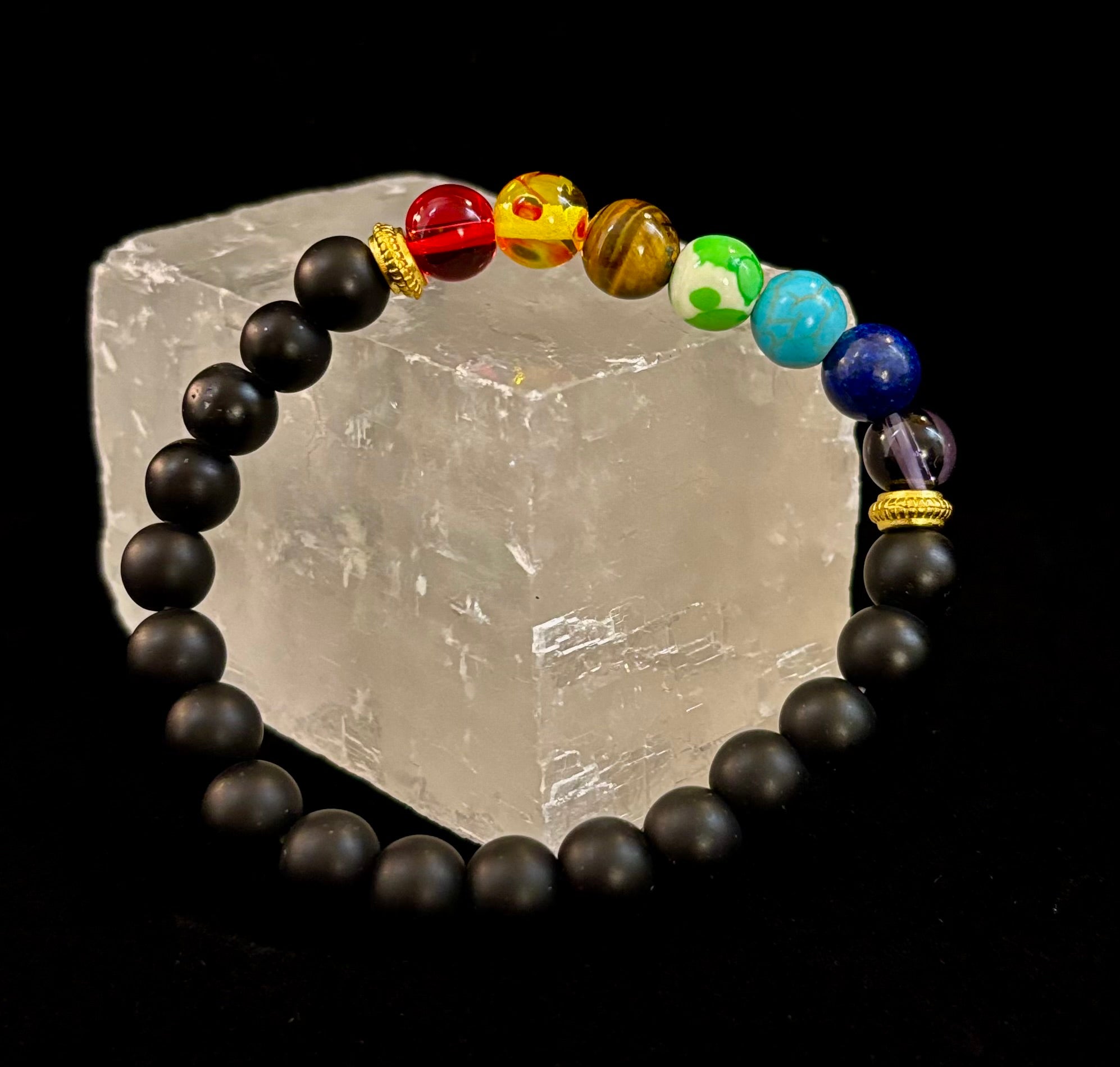 7 Chakra & Black Onyx Reiki-Infused Balance & Protection Bracelet (Medium Wrist) | | Wiccan Center