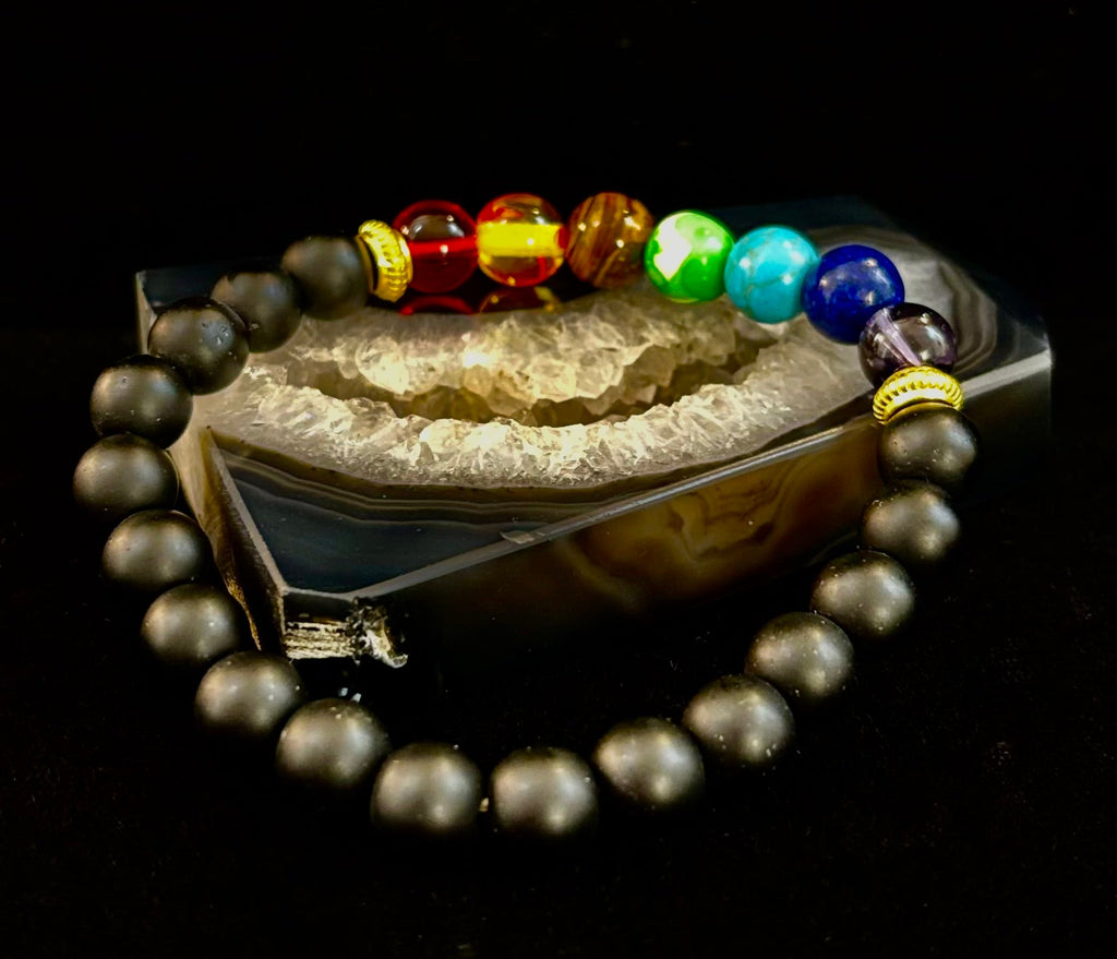 7 Chakra & Black Onyx Reiki-Infused Balance & Protection Bracelet (Medium Wrist) | | Wiccan Center