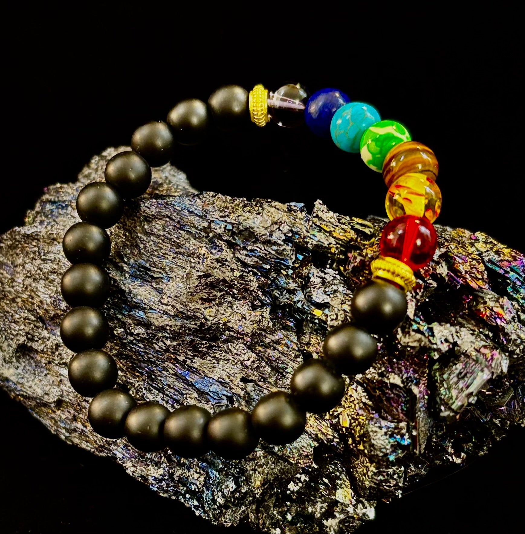 7 Chakra & Black Onyx Reiki-Infused Balance & Protection Bracelet (Medium Wrist) | | Wiccan Center