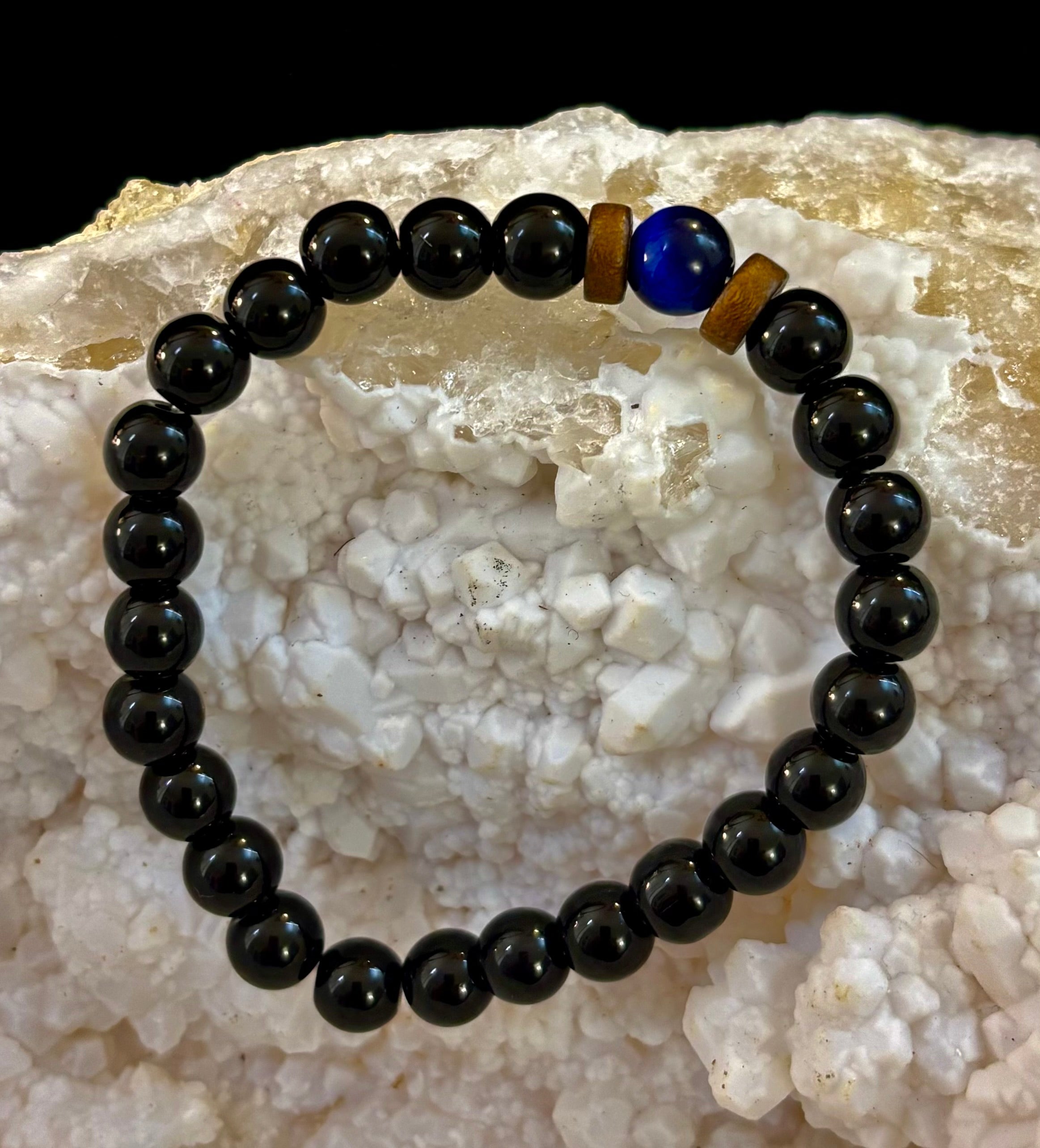 Men’s Lava Rock & Black Stone Bracelet – Natural Blue, Gray or Brown Accent Stones | Medium–Large Wrist | | Wiccan Center