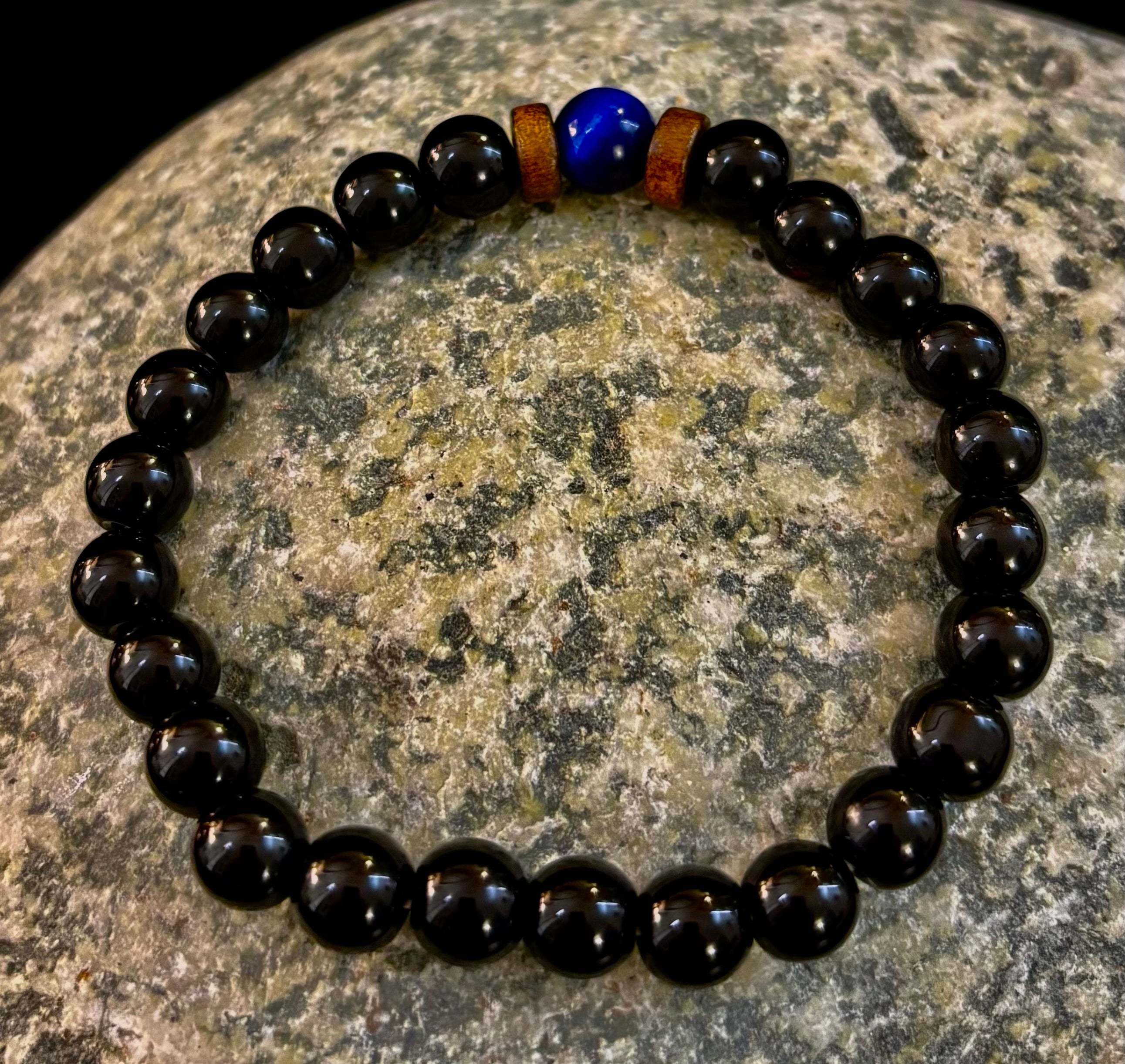 Men’s Lava Rock & Black Stone Bracelet – Natural Blue, Gray or Brown Accent Stones | Medium–Large Wrist | | Wiccan Center