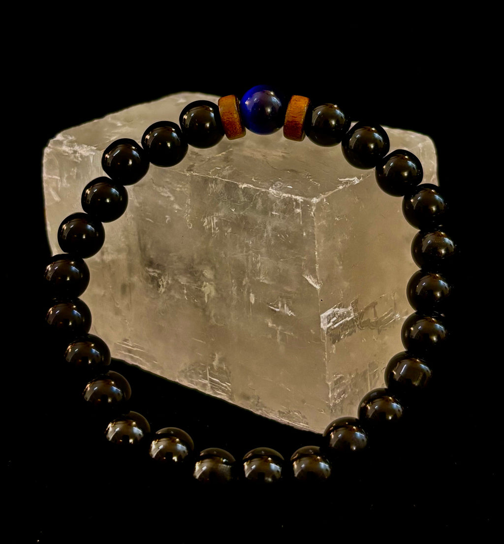 Men’s Lava Rock & Black Stone Bracelet – Natural Blue, Gray or Brown Accent Stones | Medium–Large Wrist | | Wiccan Center