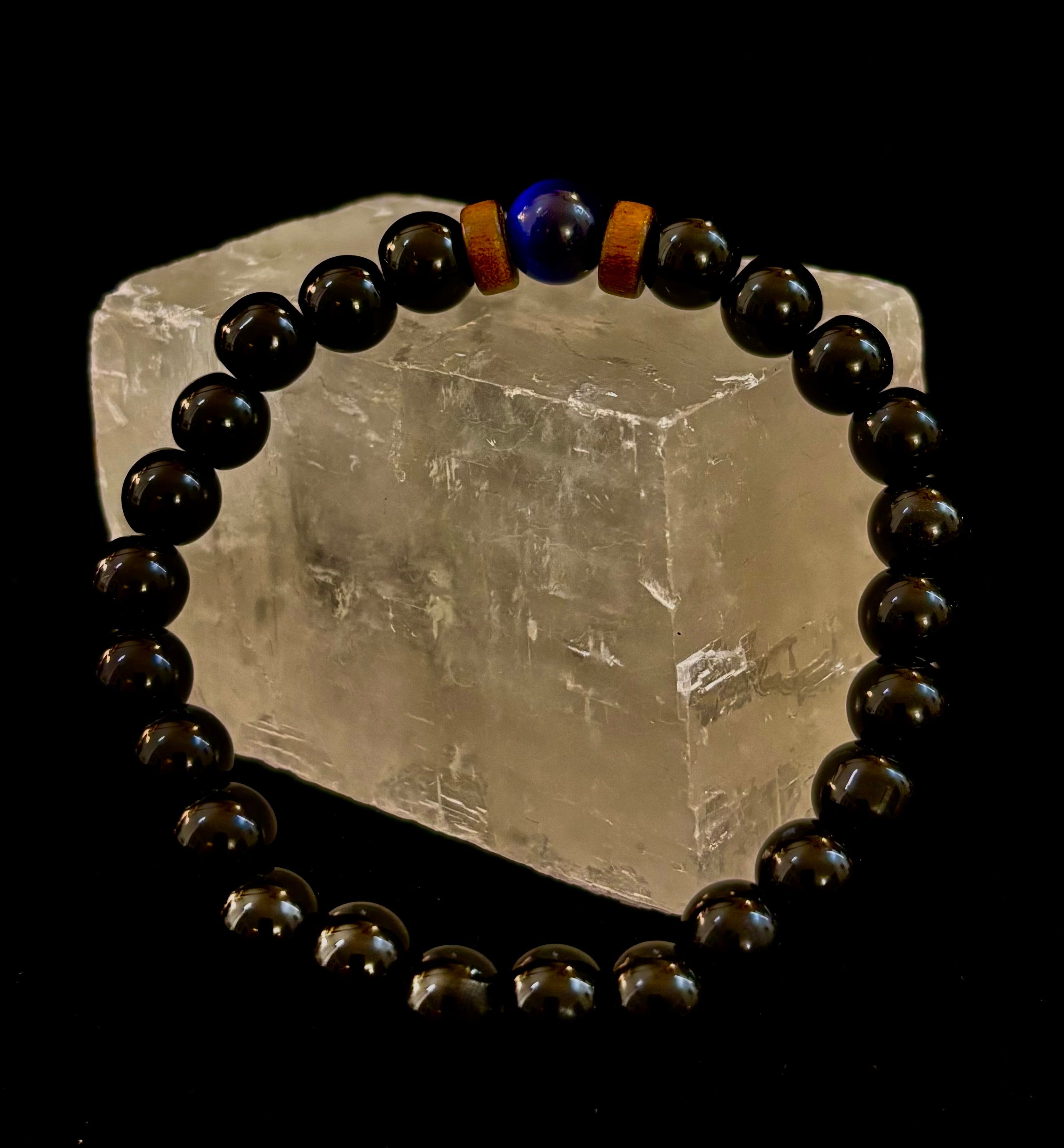 Men’s Lava Rock & Black Stone Bracelet – Natural Blue, Gray or Brown Accent Stones | Medium–Large Wrist | | Wiccan Center