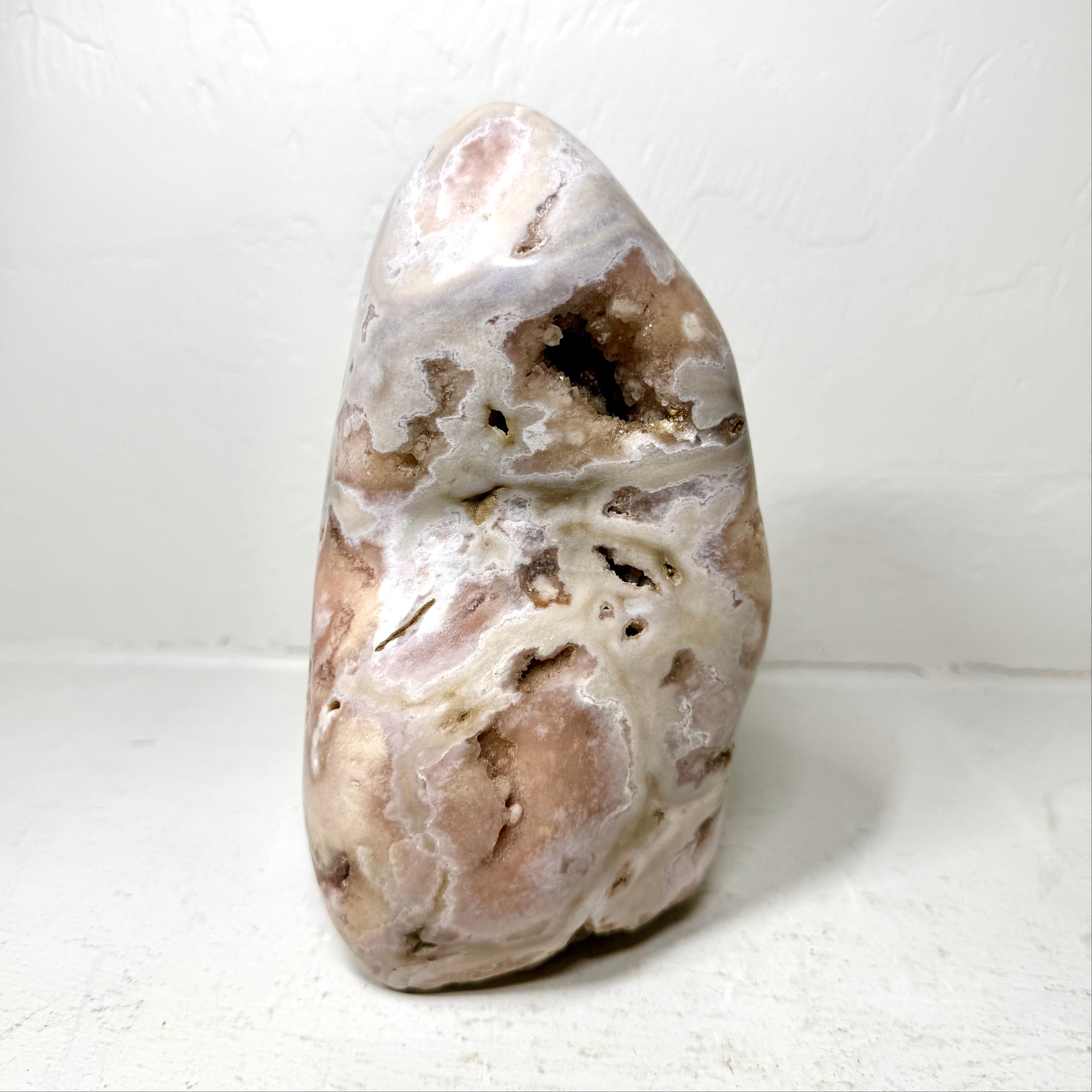 Polished Pink Amethyst Flower Agate Freeform – Subtle Lavender Tones, Orbicular Patterns & Natural Druzy Cavities