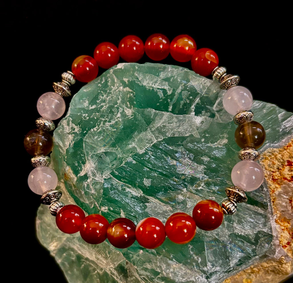 Grief & Loss Support Intention Bracelet – Reiki-Infused Carnelian, Rose Quartz & Smoky Quartz | | Wiccan Center