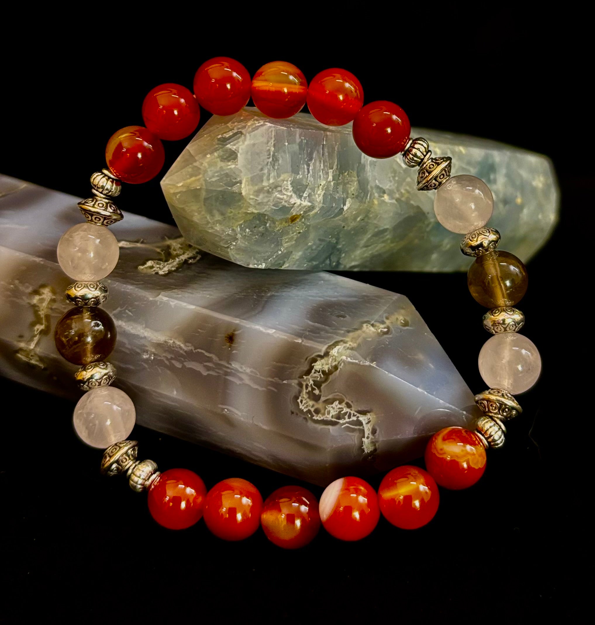 Grief & Loss Support Intention Bracelet – Reiki-Infused Carnelian, Rose Quartz & Smoky Quartz | | Wiccan Center