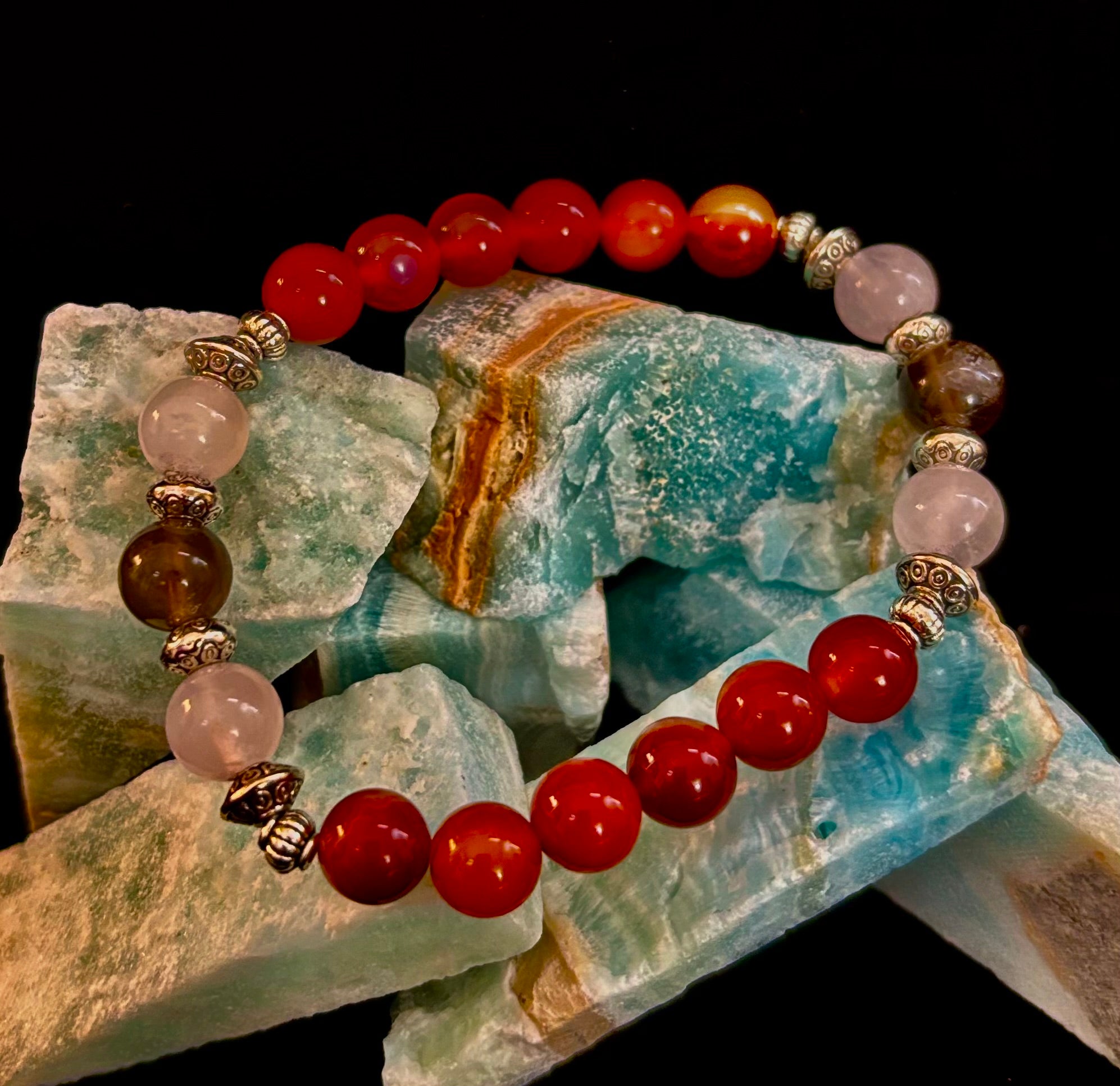 Grief & Loss Support Intention Bracelet – Reiki-Infused Carnelian, Rose Quartz & Smoky Quartz | | Wiccan Center