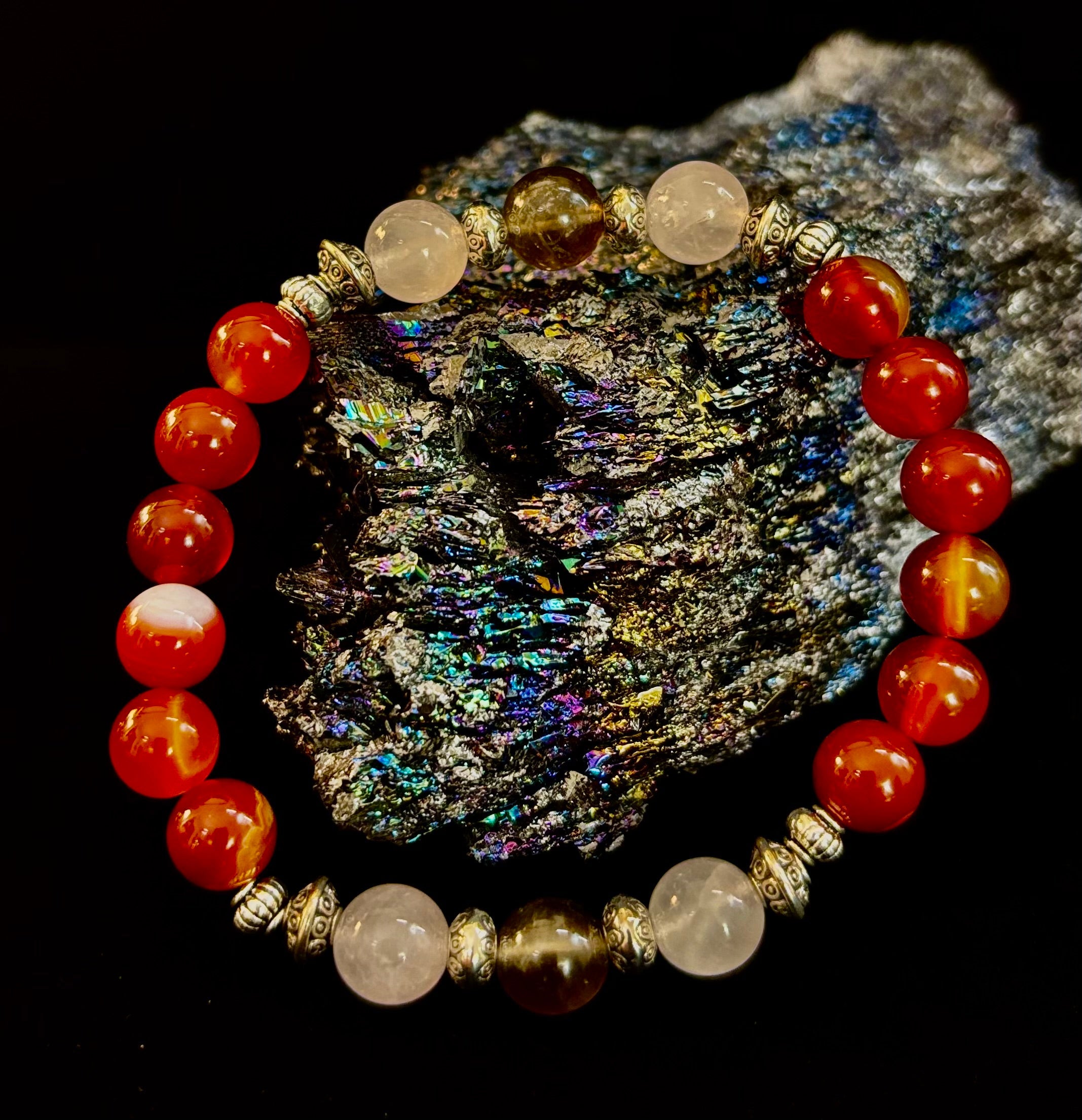 Grief & Loss Support Intention Bracelet – Reiki-Infused Carnelian, Rose Quartz & Smoky Quartz | | Wiccan Center