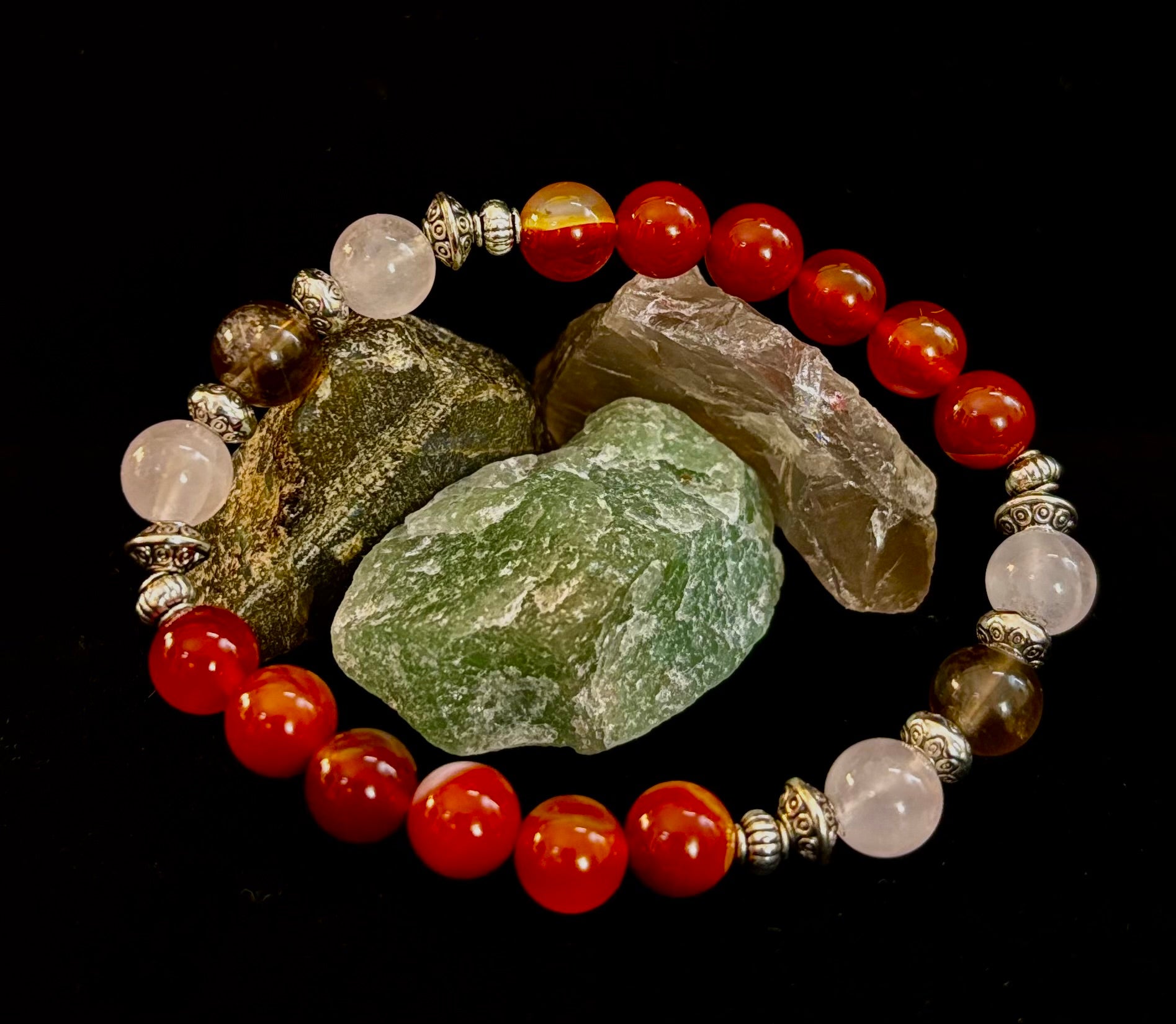 Grief & Loss Support Intention Bracelet – Reiki-Infused Carnelian, Rose Quartz & Smoky Quartz | | Wiccan Center