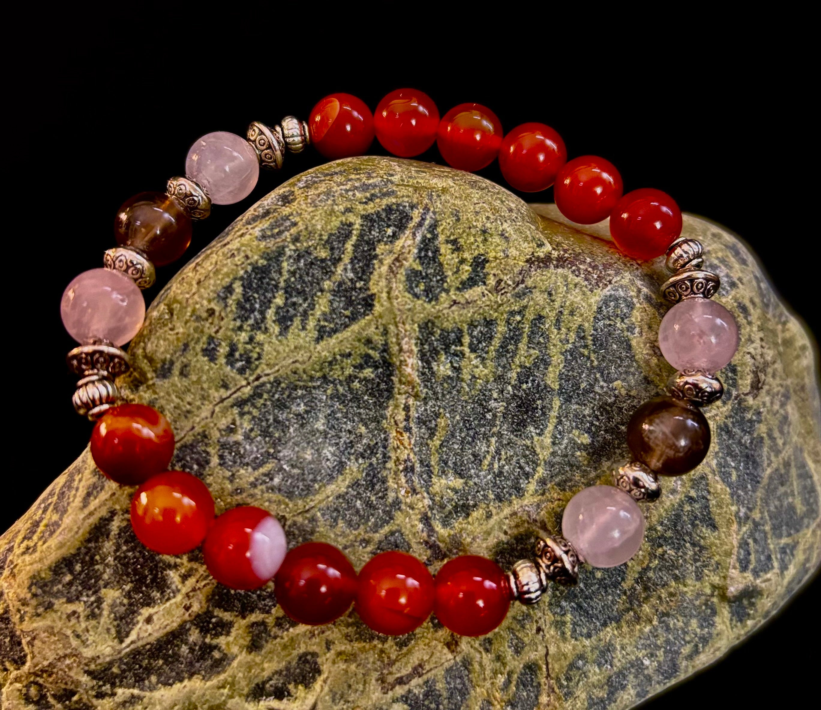 Grief & Loss Support Intention Bracelet – Reiki-Infused Carnelian, Rose Quartz & Smoky Quartz | | Wiccan Center