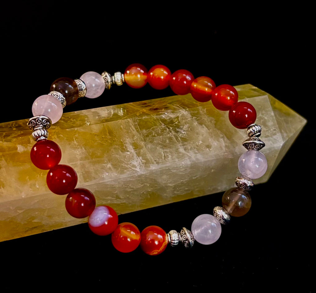 Grief & Loss Support Intention Bracelet – Reiki-Infused Carnelian, Rose Quartz & Smoky Quartz | | Wiccan Center