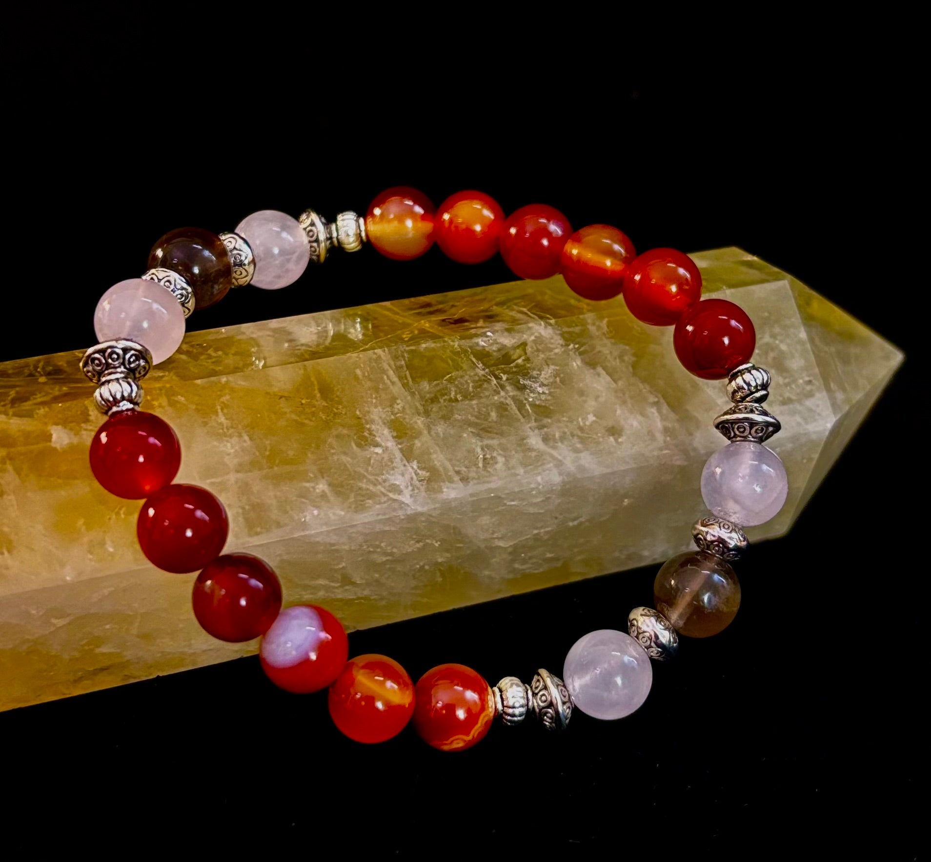 Grief & Loss Support Intention Bracelet – Reiki-Infused Carnelian, Rose Quartz & Smoky Quartz | | Wiccan Center