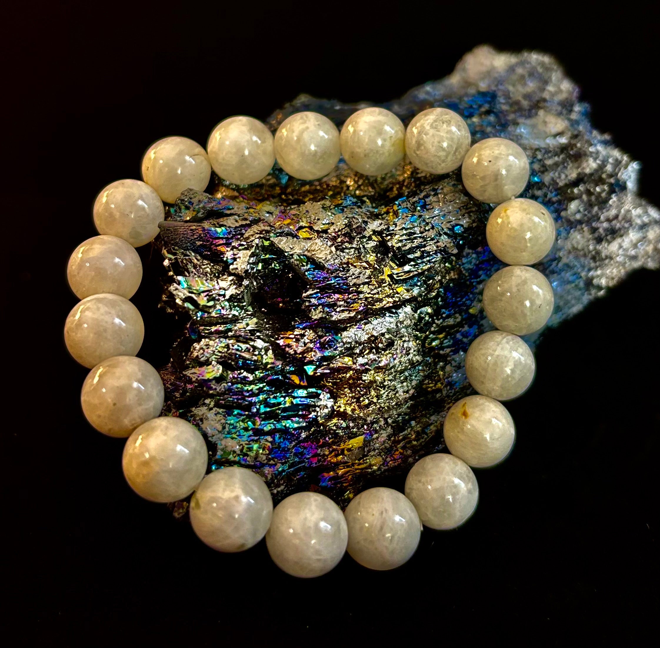 Reiki-Infused Rainbow Moonstone Power Bracelet – 10mm Beads (Medium Wrist) | | Wiccan Center