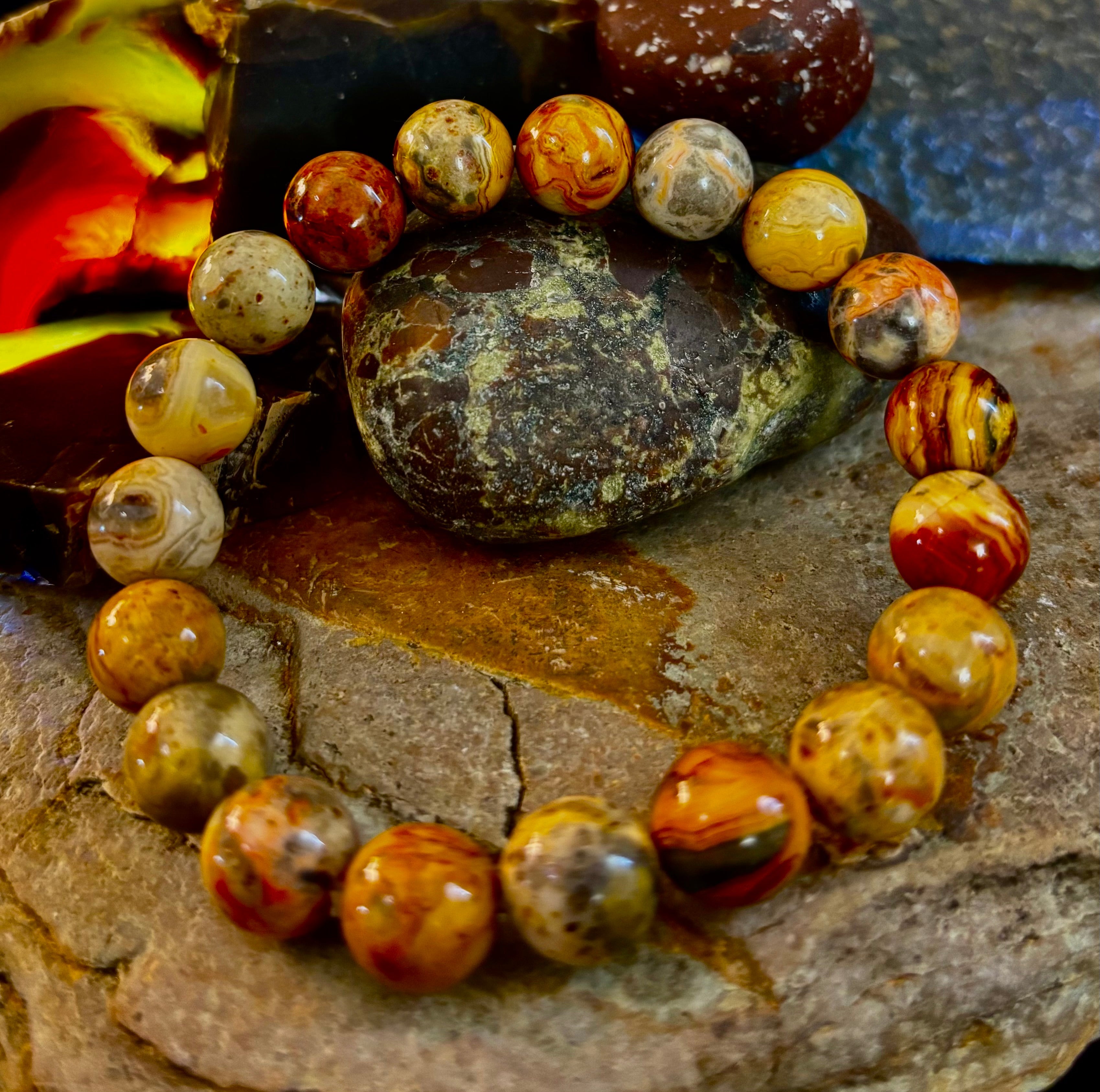 Reiki-Infused Crazy Lace Agate Strength & Stability Bracelet – 10mm Beads (Medium Wrist) | | Wiccan Center