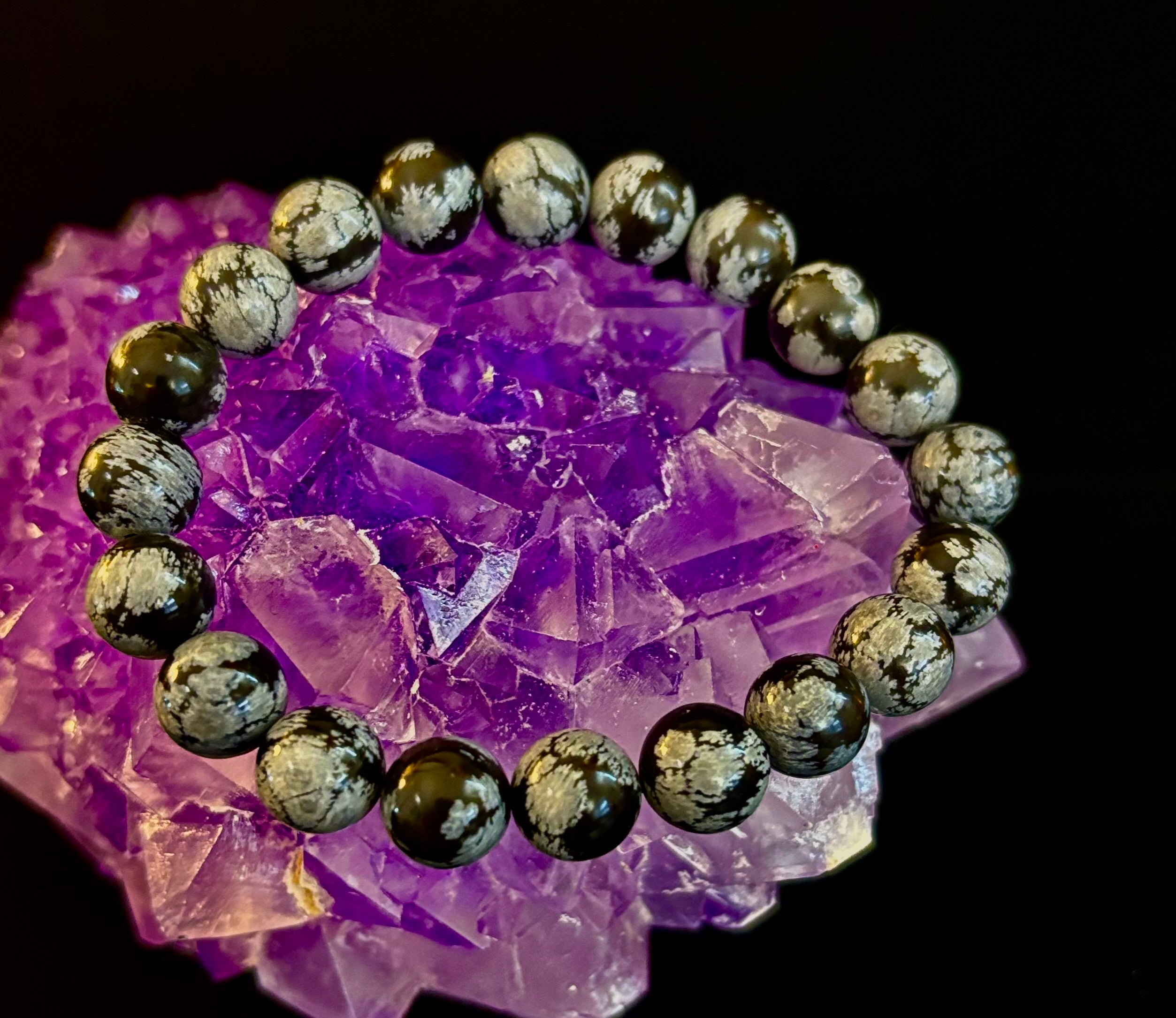 Reiki-Infused Snowflake Obsidian Bracelet – 10mm Protection, Grounding & Emotional Balance (Medium & Large Wrists) | | Wiccan Center