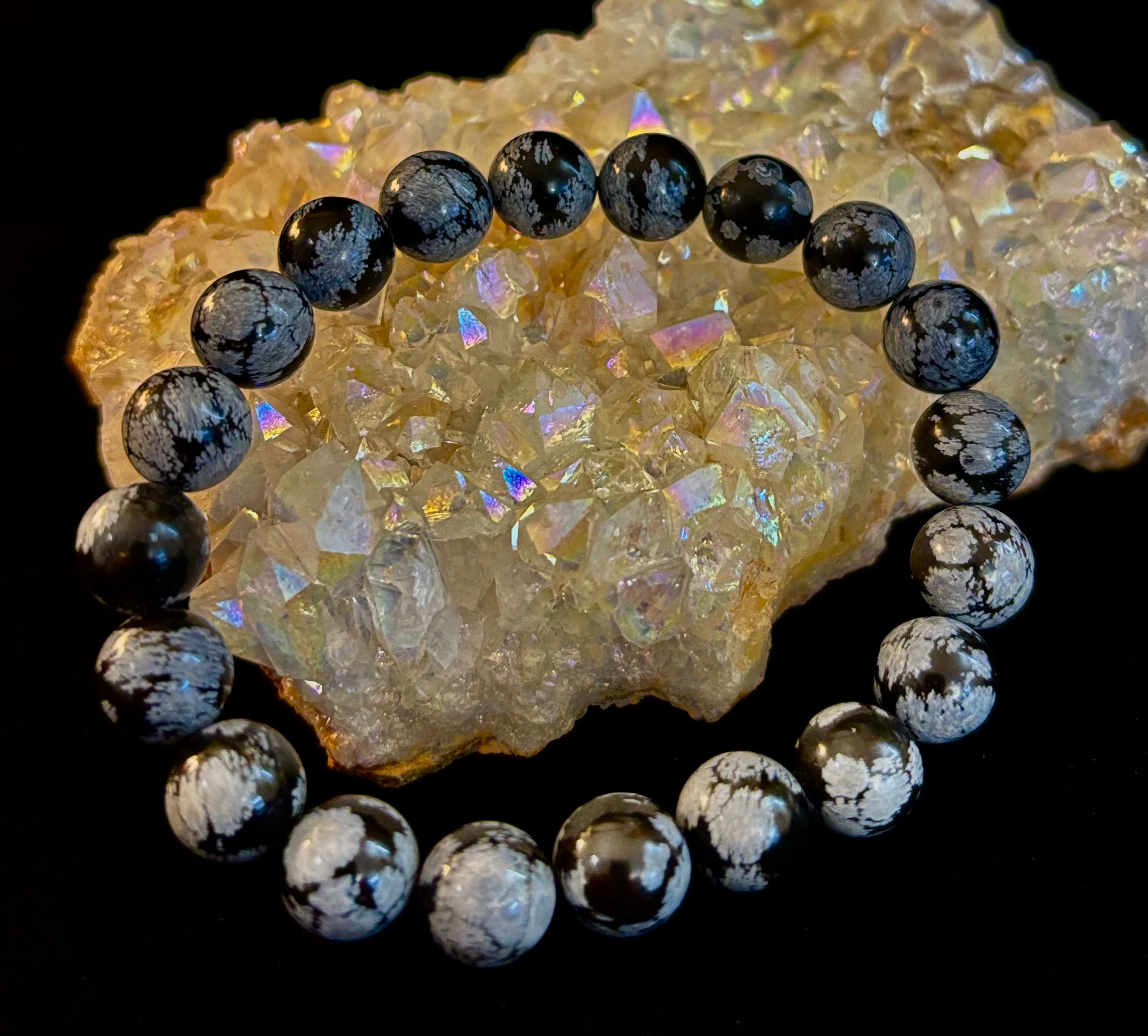 Reiki-Infused Snowflake Obsidian Bracelet – 10mm Protection, Grounding & Emotional Balance (Medium & Large Wrists) | | Wiccan Center