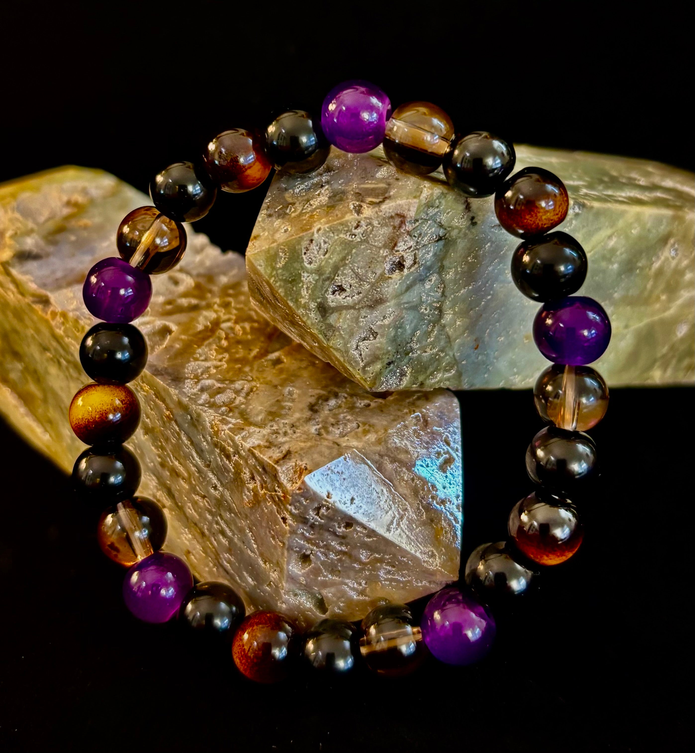 Tranquil Focus Bracelet – Amethyst, Tiger Eye & Smoky Quartz | | Wiccan Center
