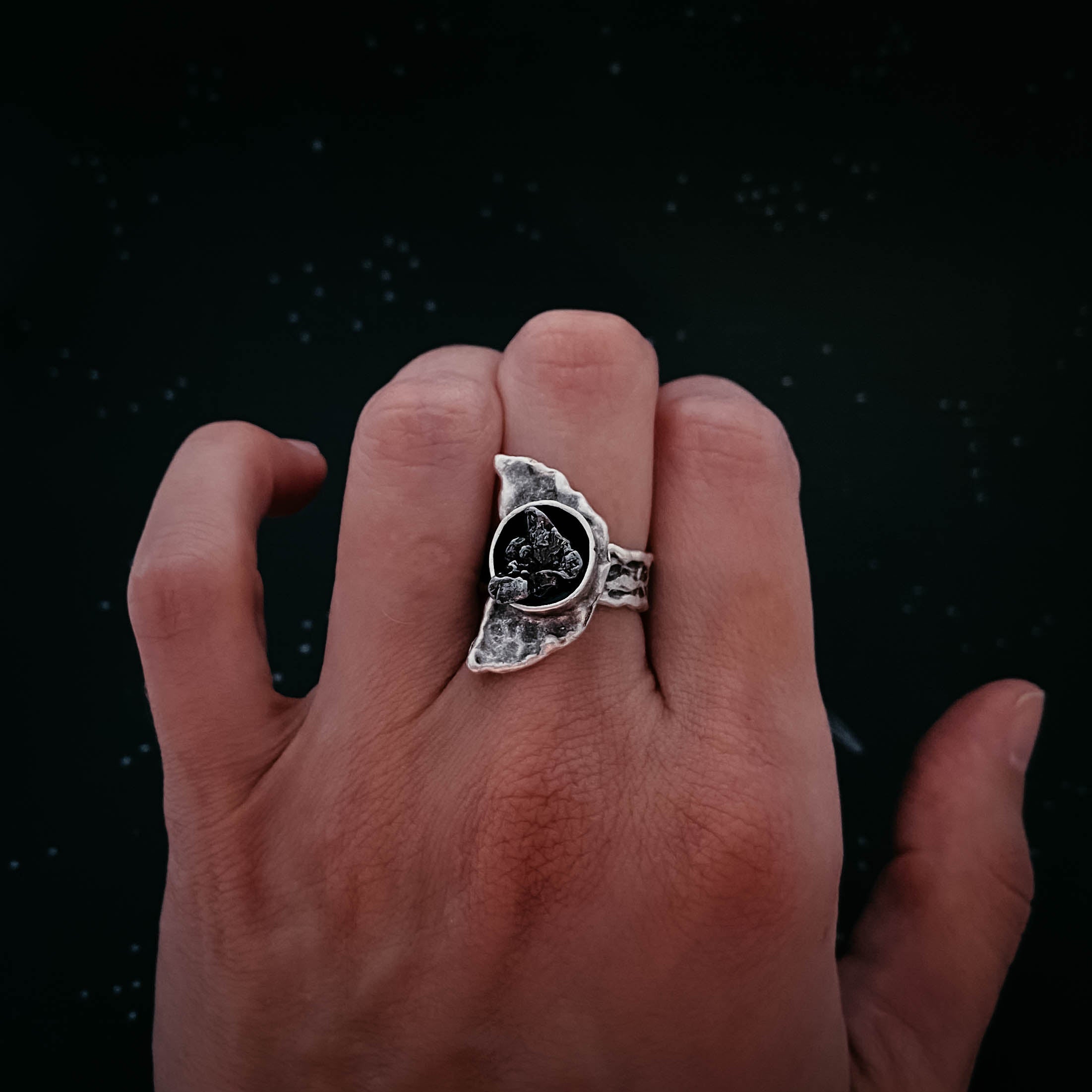 Crescent Moon Ring with Authentic Meteorite | Ring | Wiccan Center