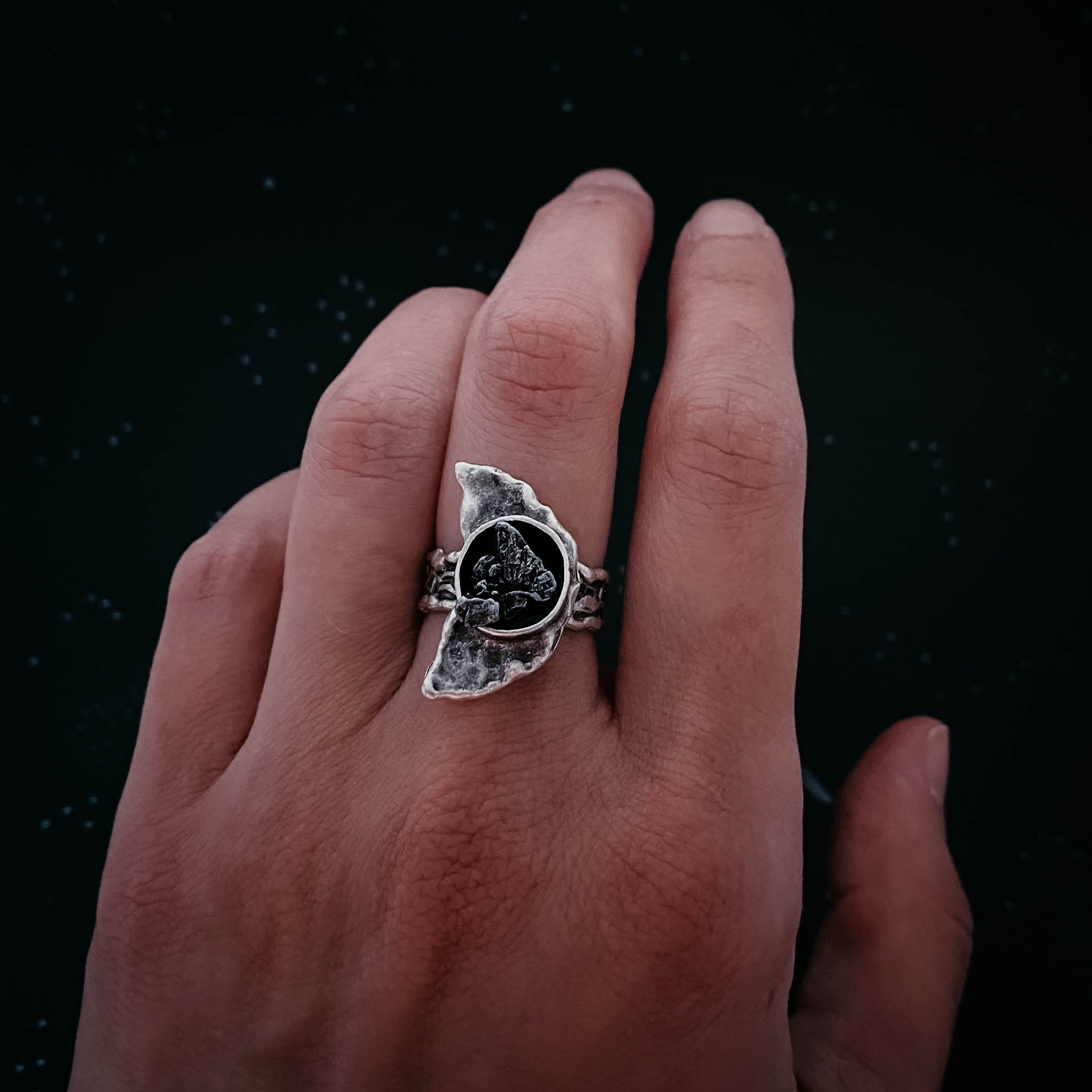 Crescent Moon Ring with Authentic Meteorite | Ring | Wiccan Center