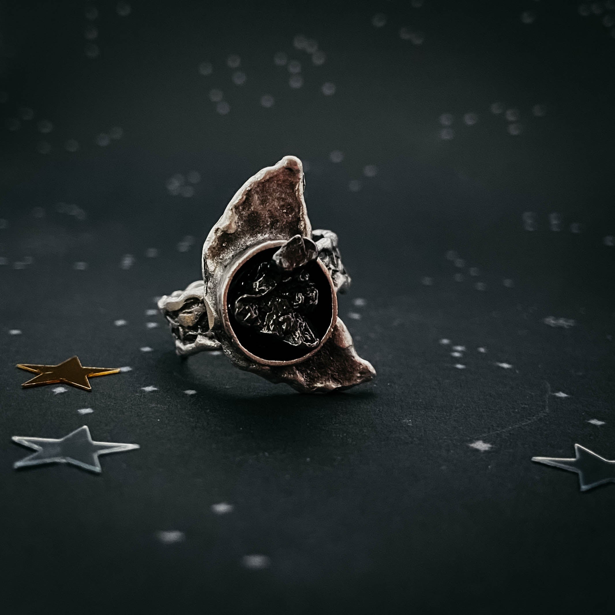 Crescent Moon Ring with Authentic Meteorite | Ring | Wiccan Center