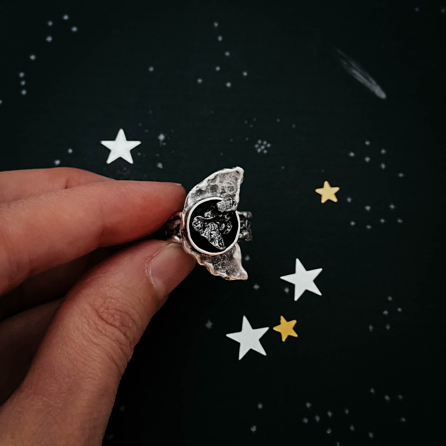 Crescent Moon Ring with Authentic Meteorite | Ring | Wiccan Center