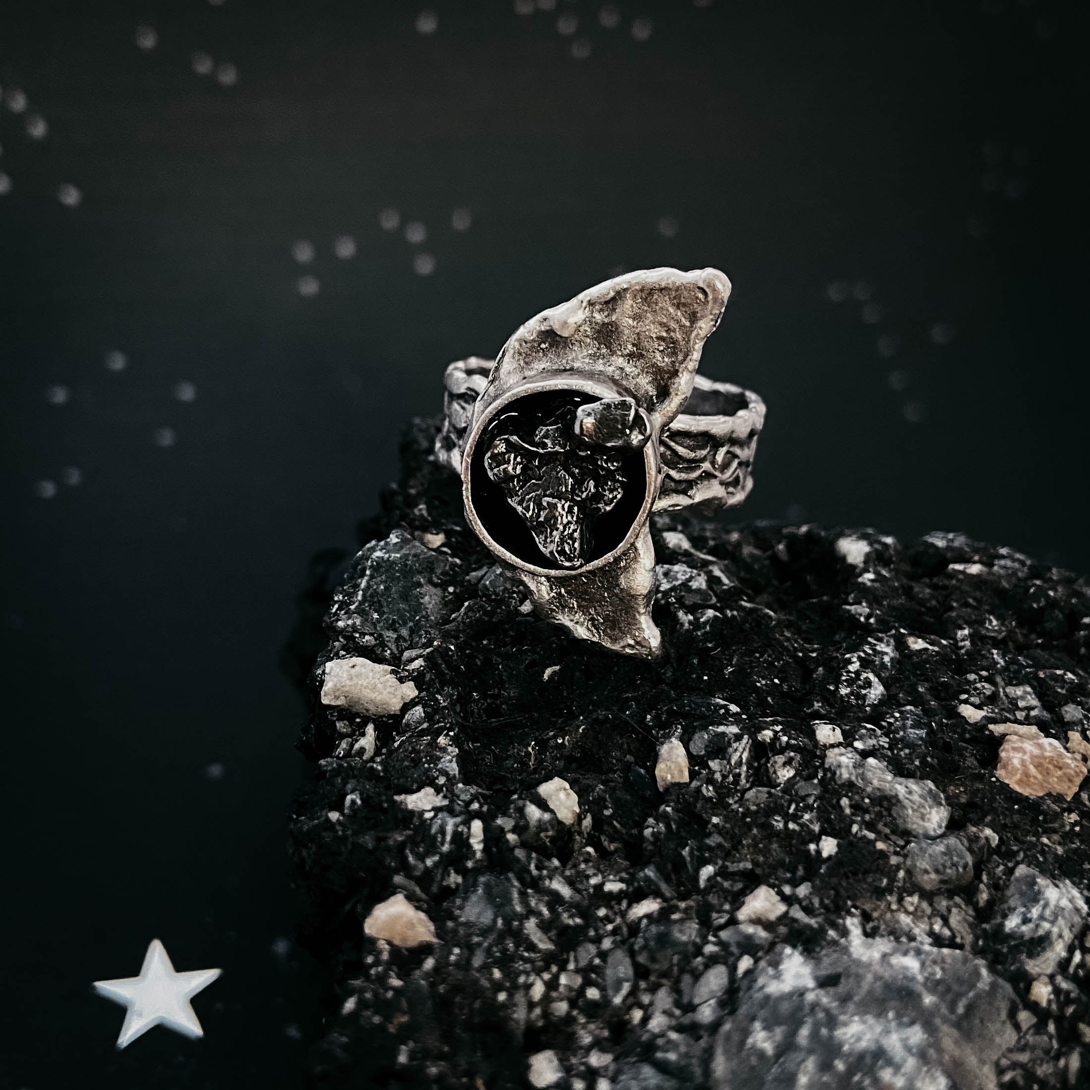 Crescent Moon Ring with Authentic Meteorite | Ring | Wiccan Center