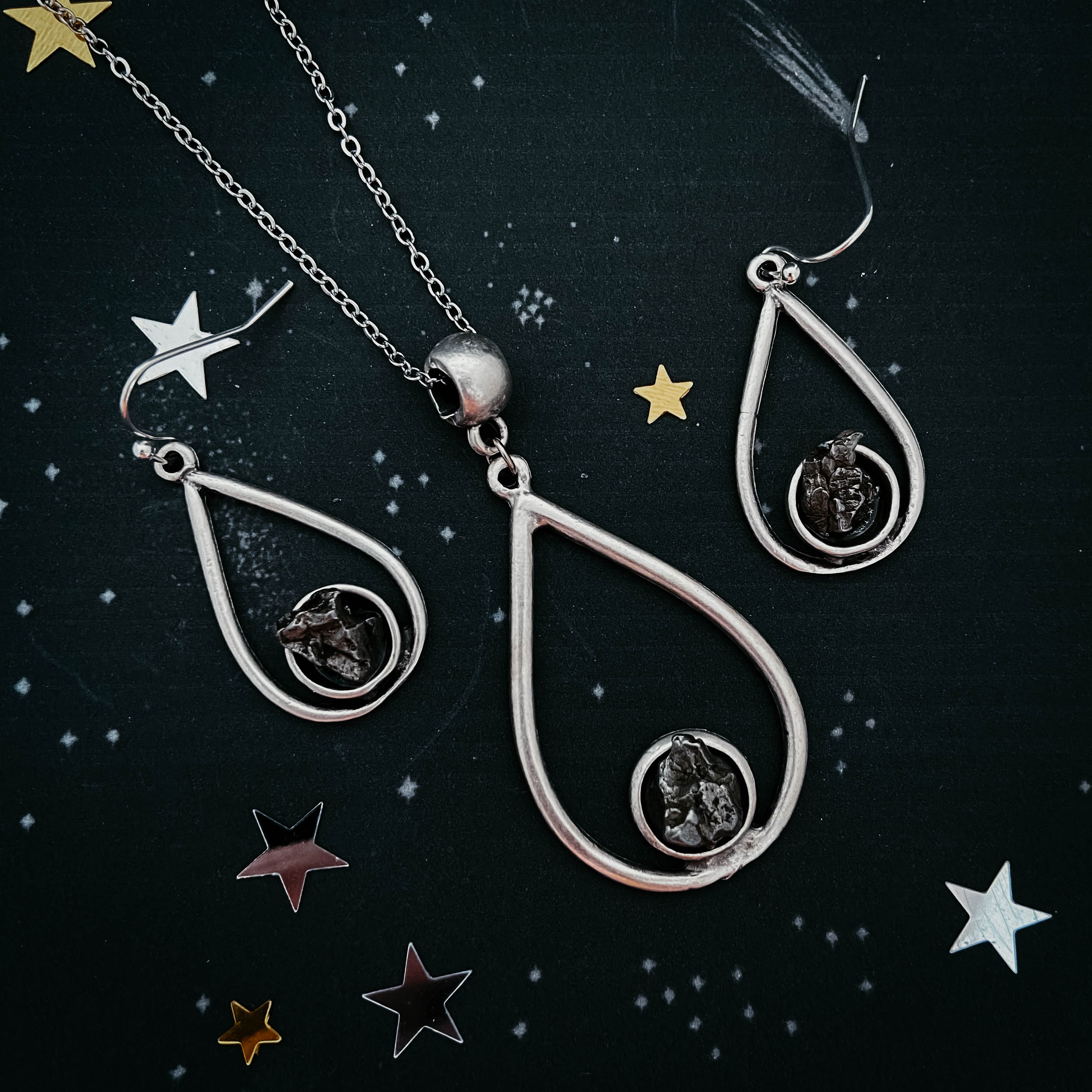 Meteorite Jewelry Set - Teardrop Necklace and Earrings | Jewelry Set | Wiccan Center