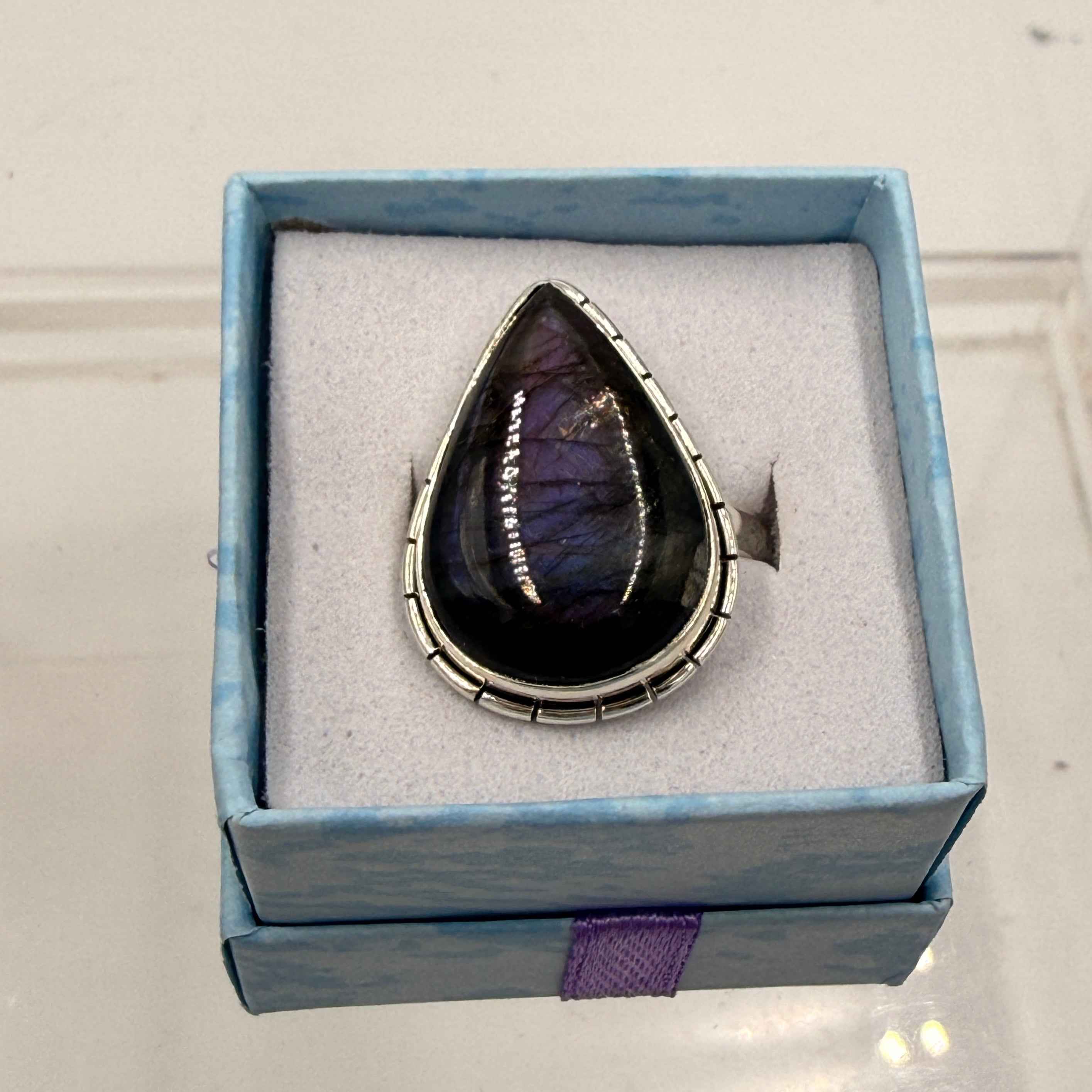 Sterling Silver Lined Teardrop Spectrolite Ring - Size 10 -Intuition, Protection & Illumination | Rings | Wiccan Center