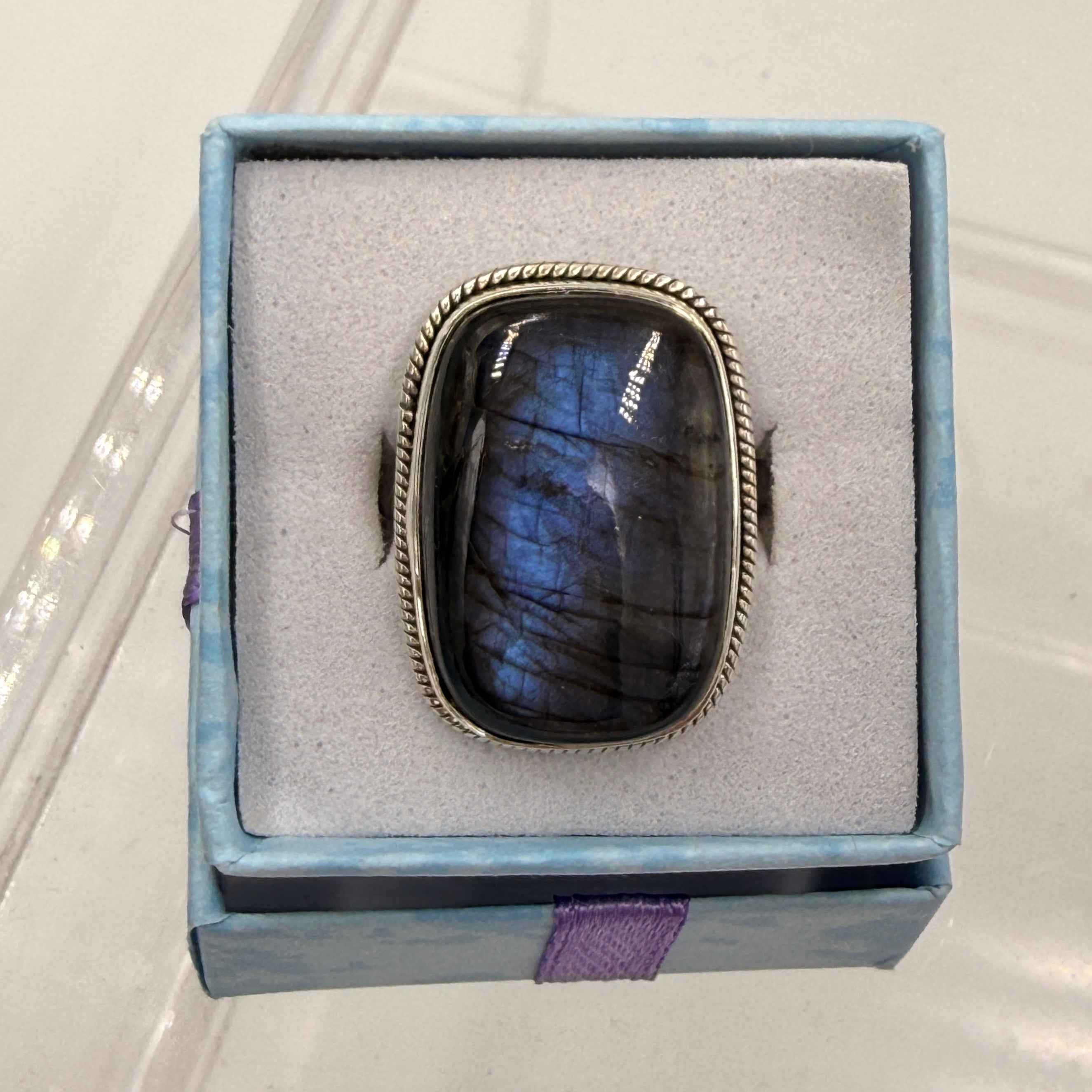Sterling Silver Bezeled Rectanglular Spectrolite Ring - Size 10 -Intuition, Protection & Illumination | Rings | Wiccan Center