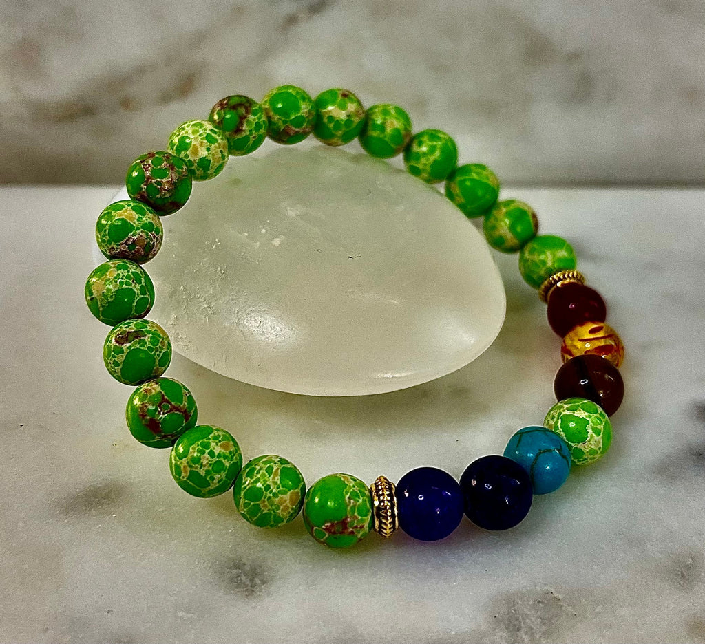 7 Chakra Healing Bracelet with Green Sea Sediment Jasper – Balance, Alignment & Grounding | | Wiccan Center