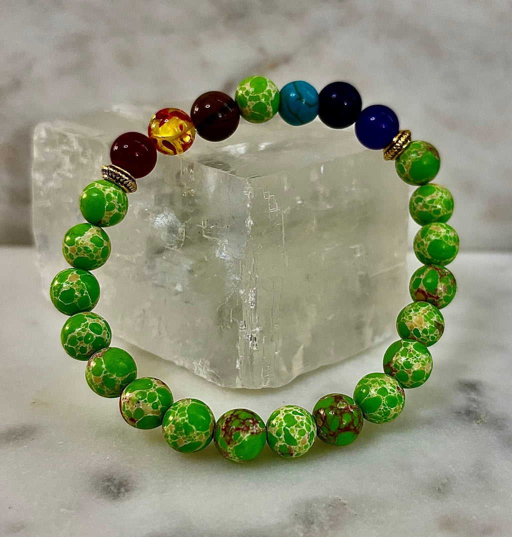 7 Chakra Healing Bracelet with Green Sea Sediment Jasper – Balance, Alignment & Grounding | | Wiccan Center