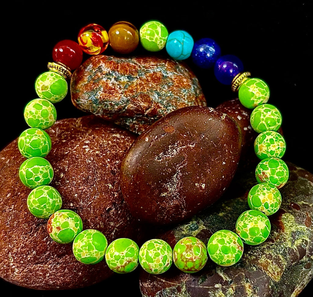7 Chakra Healing Bracelet with Green Sea Sediment Jasper – Balance, Alignment & Grounding | | Wiccan Center