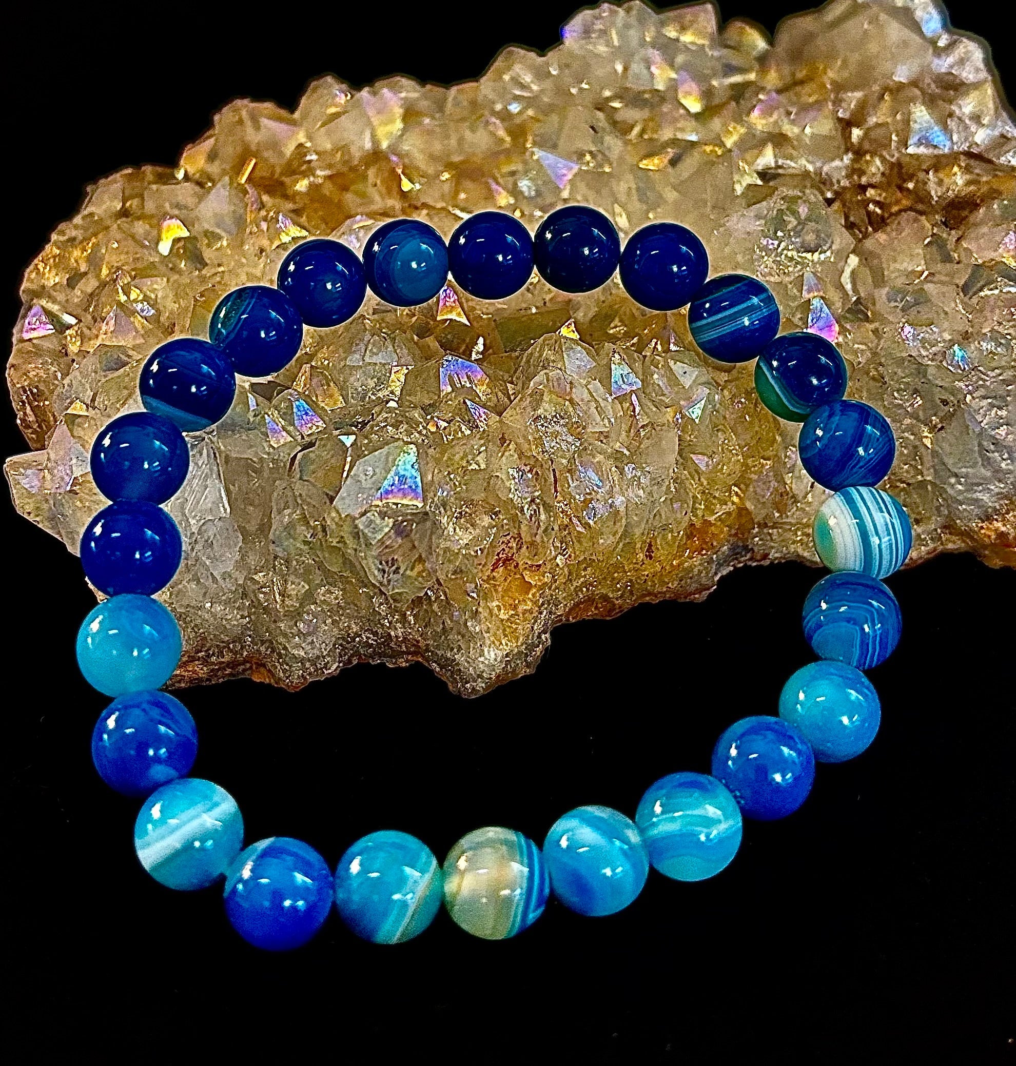 Blue Striped Agate Reiki-Infused Healing & Calm Bracelet (Medium Wrists) | | Wiccan Center