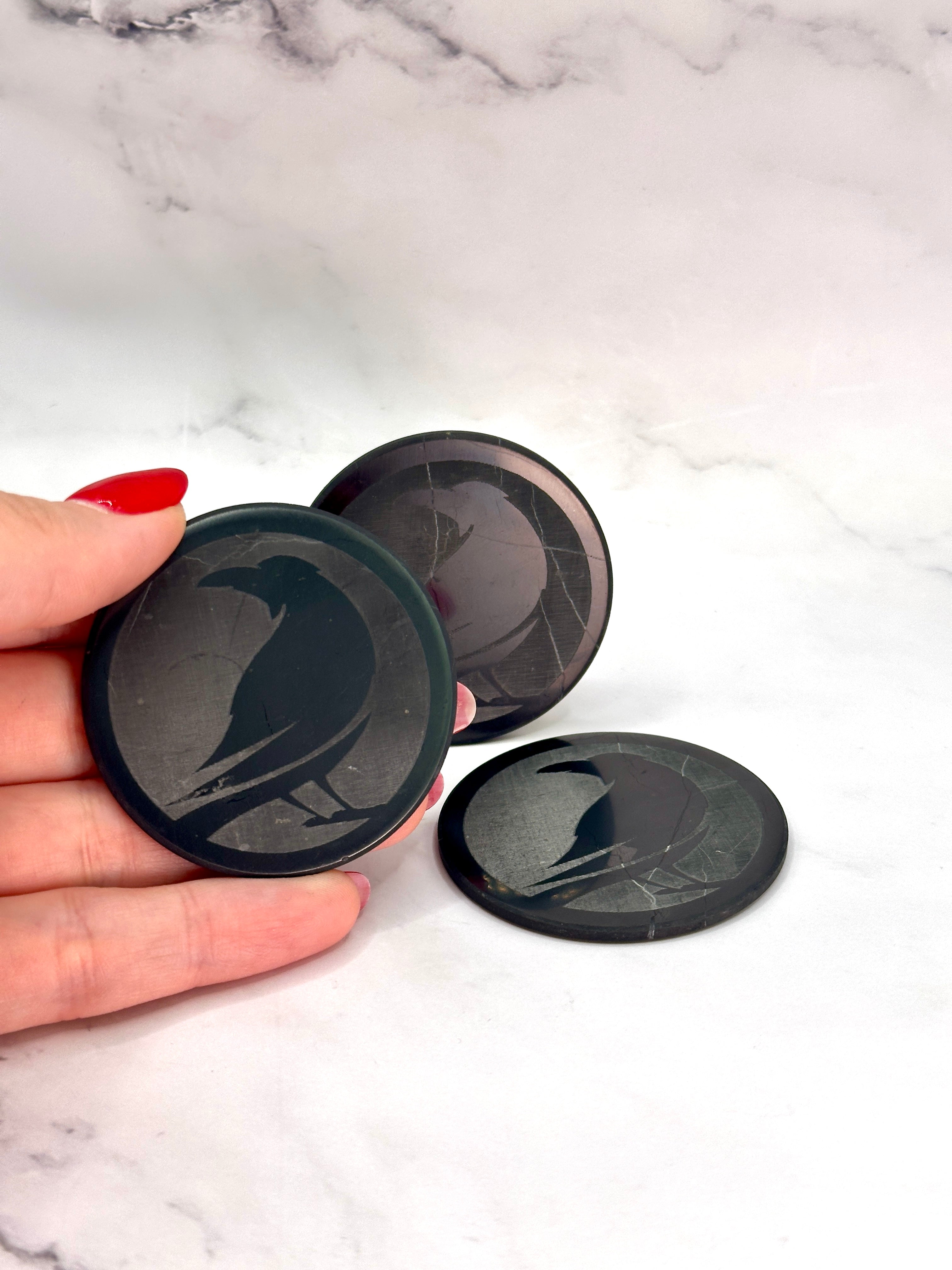 SENDING RAVENS SPECIAL EDITION SHUNGITE ROUND PHONE PLATES! - EMF Protection - Hand Cut Genuine Natural Shungite Phone Plate High Quality Black Lustrous Gemstone from Russia