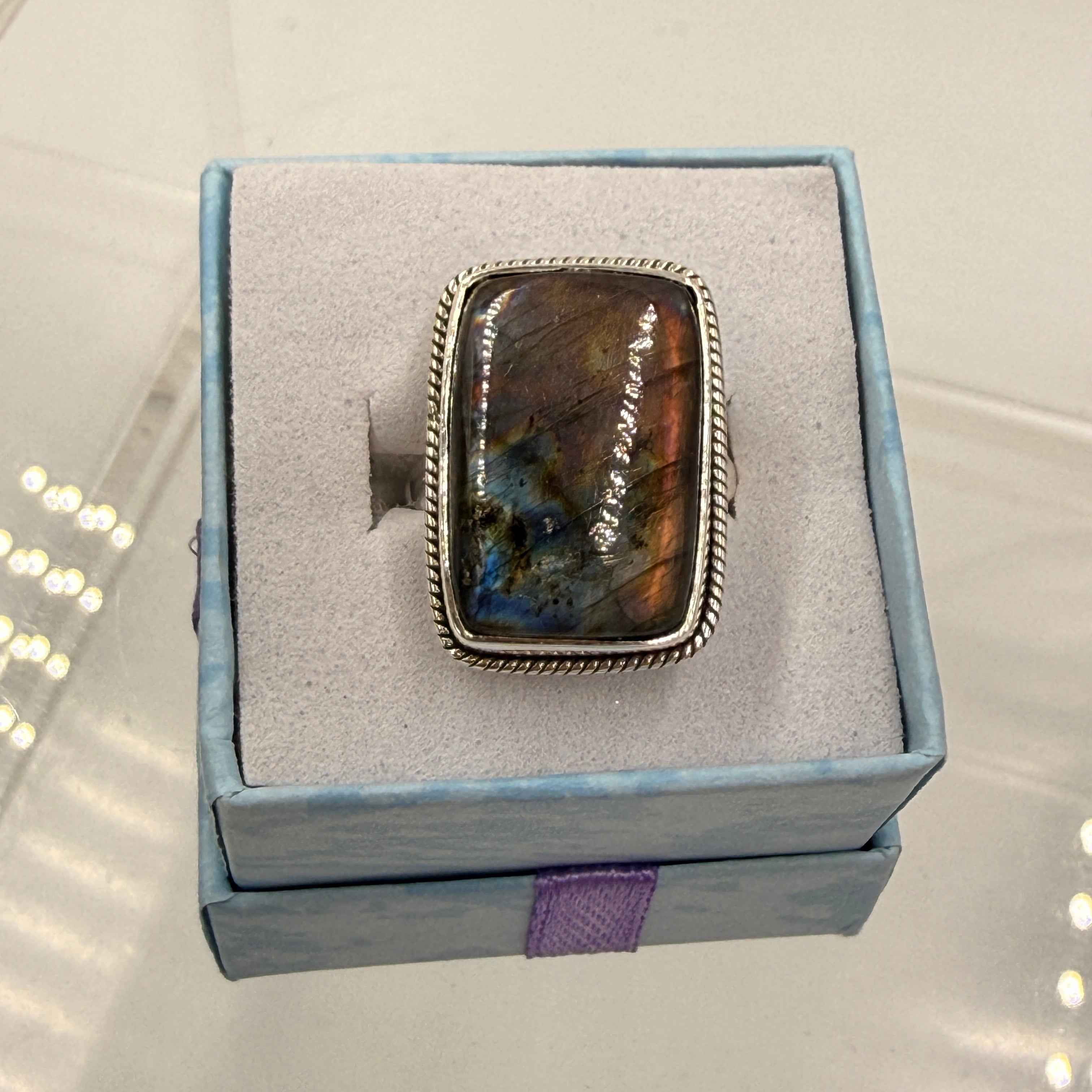 Sterling Silver Bezeled Rectangular Spectrolite Ring - Size 6 -Intuition, Protection & Illumination | Rings | Wiccan Center