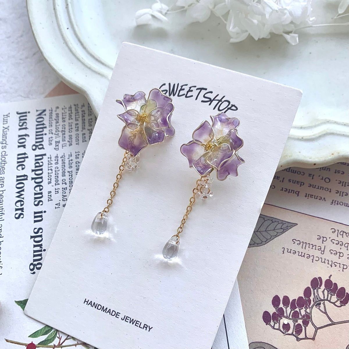 SALE - Resin Purple Iris Flower Earrings