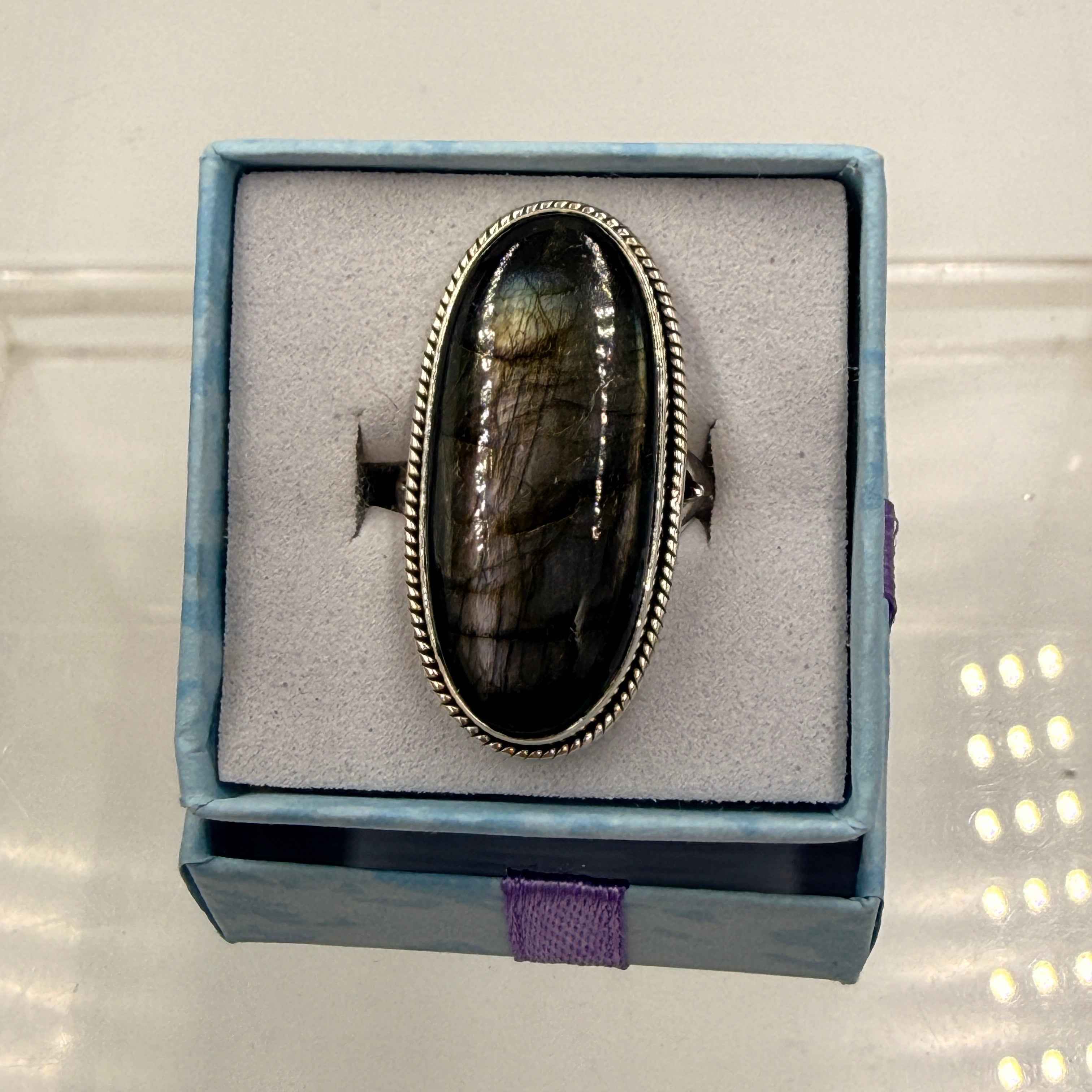 Sterling Silver Bezeled Oval Spectrolite Ring - Size 7 -Intuition, Protection & Illumination | Rings | Wiccan Center