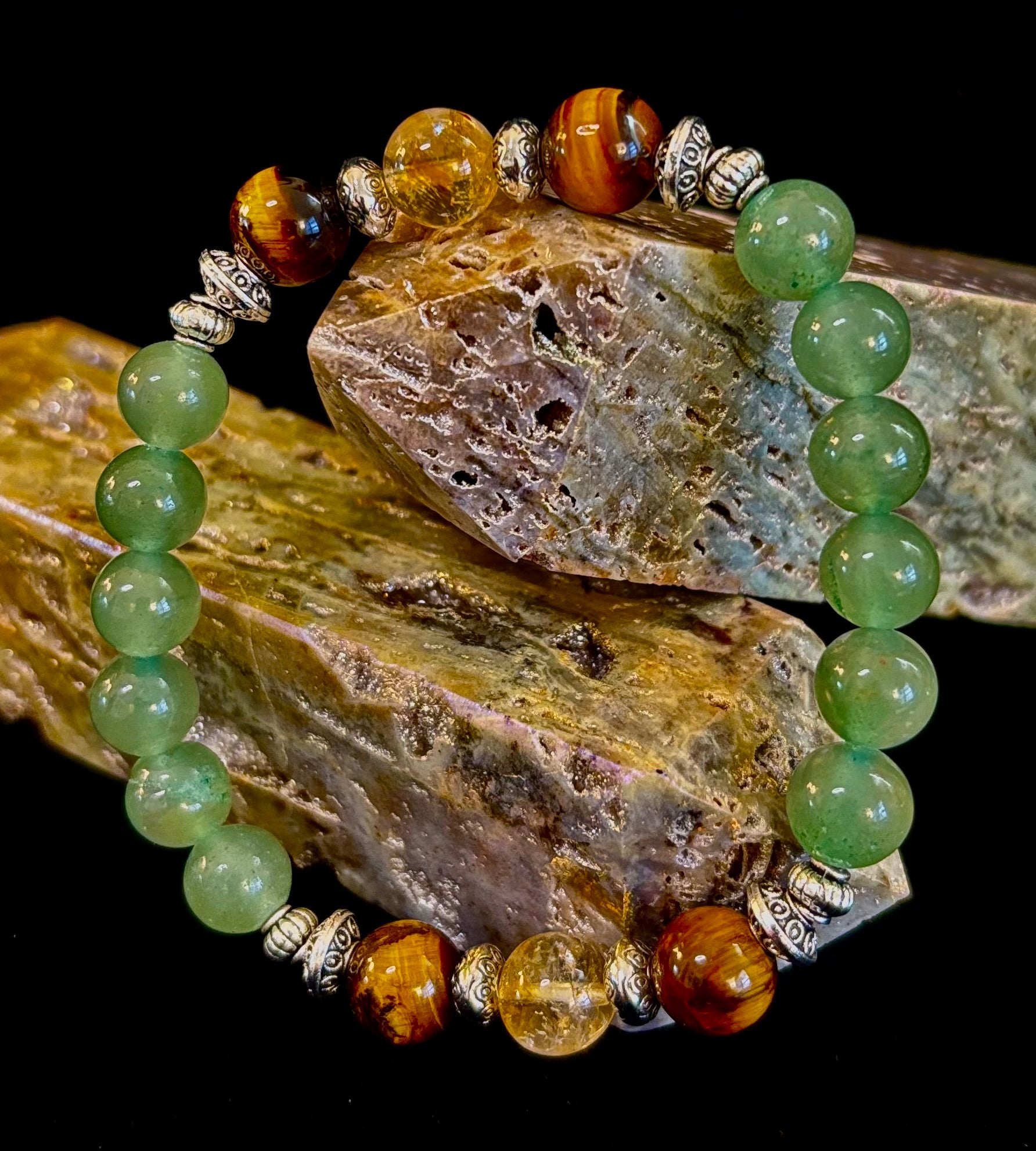 Abundance & Luck Intention Bracelet – Reiki-Infused Citrine, Tiger Eye & Green Aventurine | | Wiccan Center